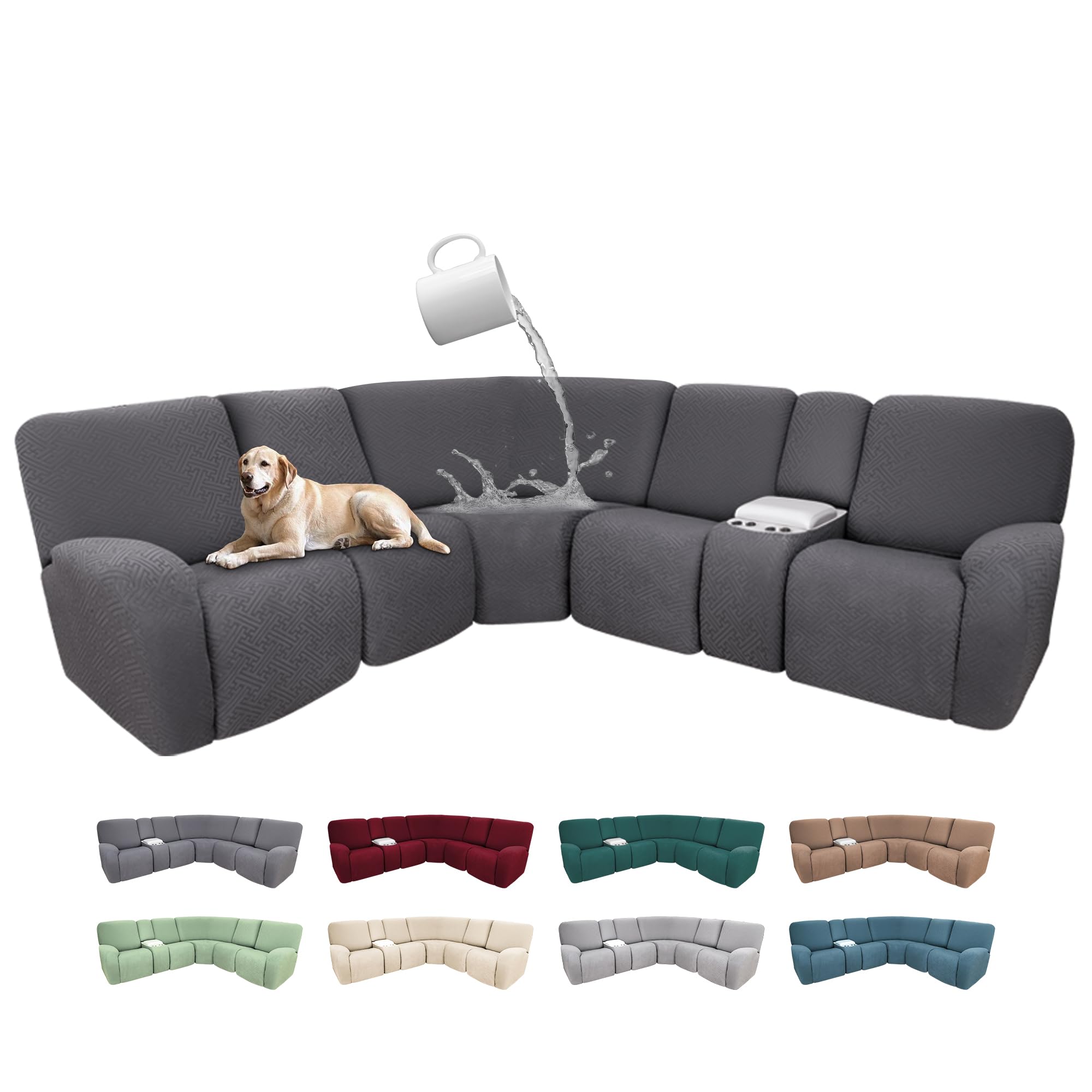 Photo 1 of ROFASVCO 100% Waterproof Sectional Recliner Couch Covers for Reclining Couch L Shaped Corner Sectional Sofa Cover Jacquard Stretch L Shape Recliner Slipcovers (5 Seater 1 Console Cover, Deep Grey)