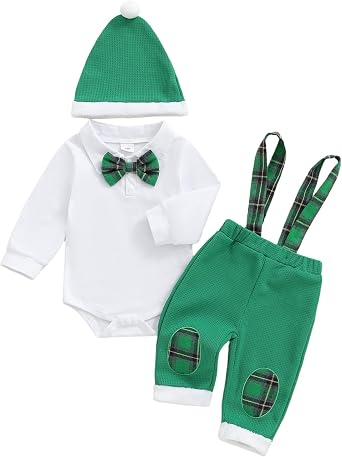 Kayotuas Baby Boy Christmas Outfit Long Sleeve Collar Romper Plaid Suspender Pants Overalls Hat Cute Christmas Dress Clothes