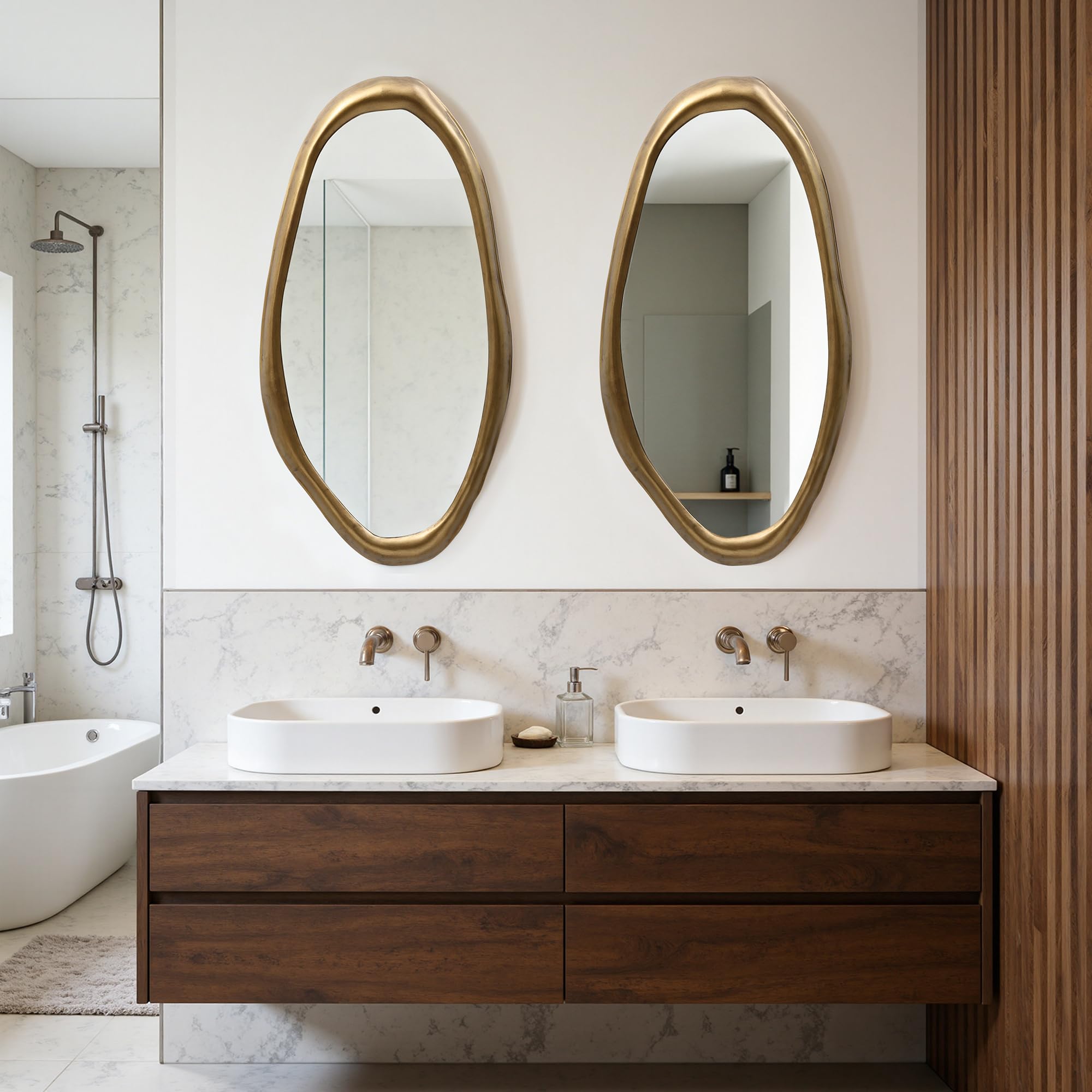 Hometopia Spiegel Asymmetrisch Gold 75x40 cm Dekorative Wandspiegel | Modern HD Spiegelglas Badspiegel mit Metallrahmen, Unregelmäßiger Spiegel für Flur Bad Badezimmer Schlafzimmer Wohnzimmer