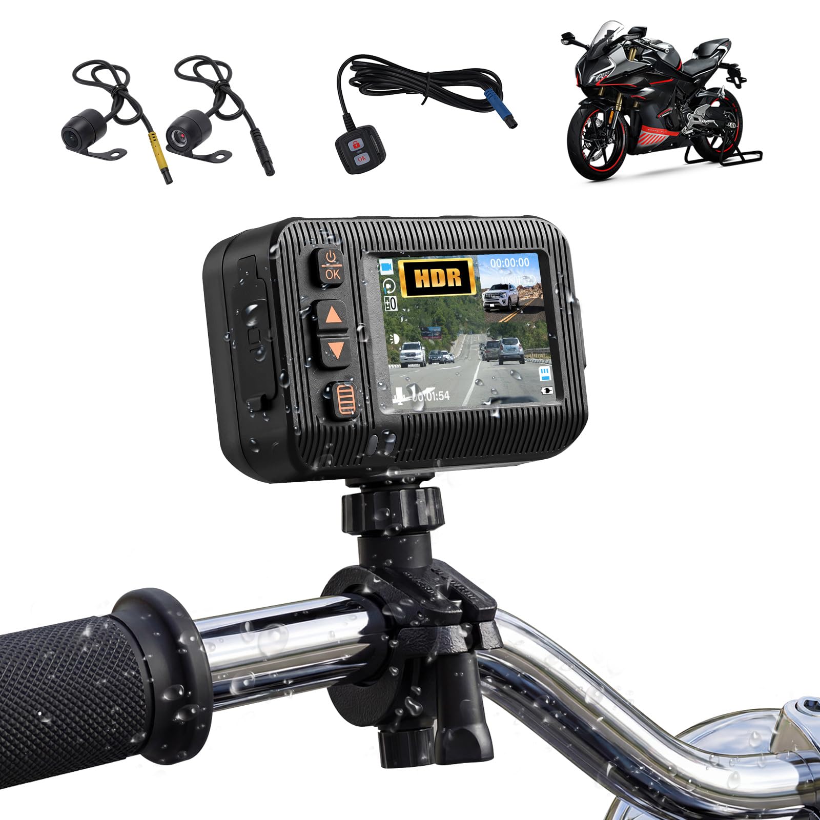 CAMECHO 1080P HDR Dashcam per Moto con Telecamera Anteriore + Posteriore, Sensore G Dash Cam Moto con Registrazione in Ciclo, IP67, Schermo IPS HD da 2 Pollici, Supporto Universale per Moto