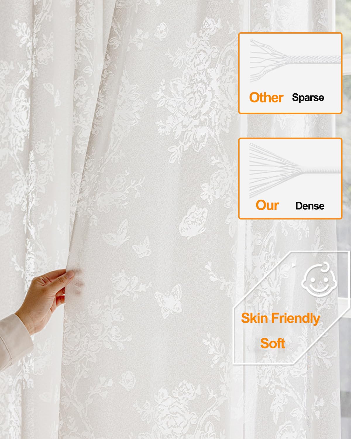 Przezroczyste lniane zasłony teksturowane, haftowane liście wzorzyste panele okienne filtrujące światło, 2 kieszenie na pręty do salonu sypialni na balkon