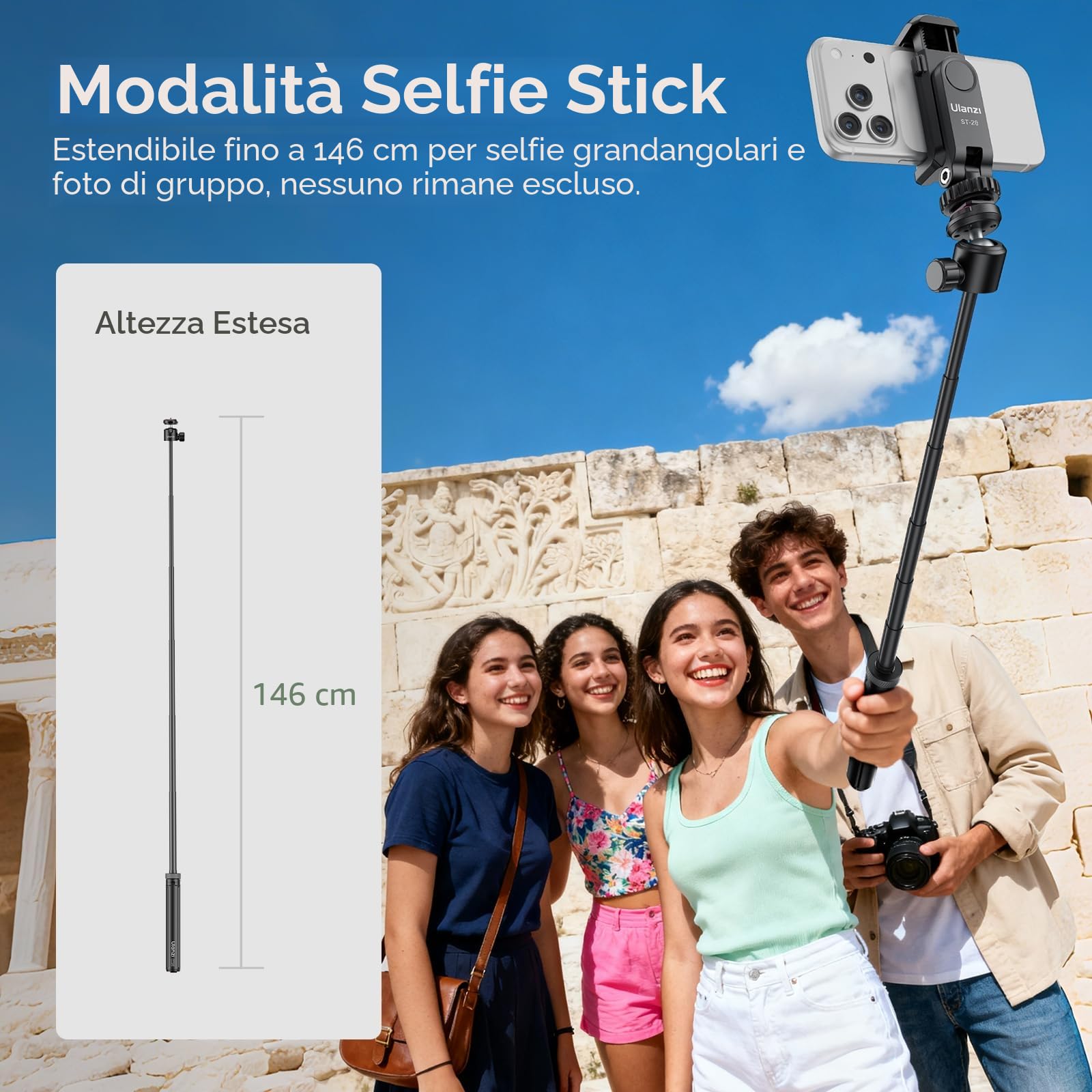 ULANZI TT24 Selfie stick treppiede 150 cm con 4 piedi, Apertura automatica, Cavalletto action cam a sgancio rapido CKA, Carico 1 kg, Compatibile con Insta360 ace pro X3 4 5, DJI Pocket Action, Go pro