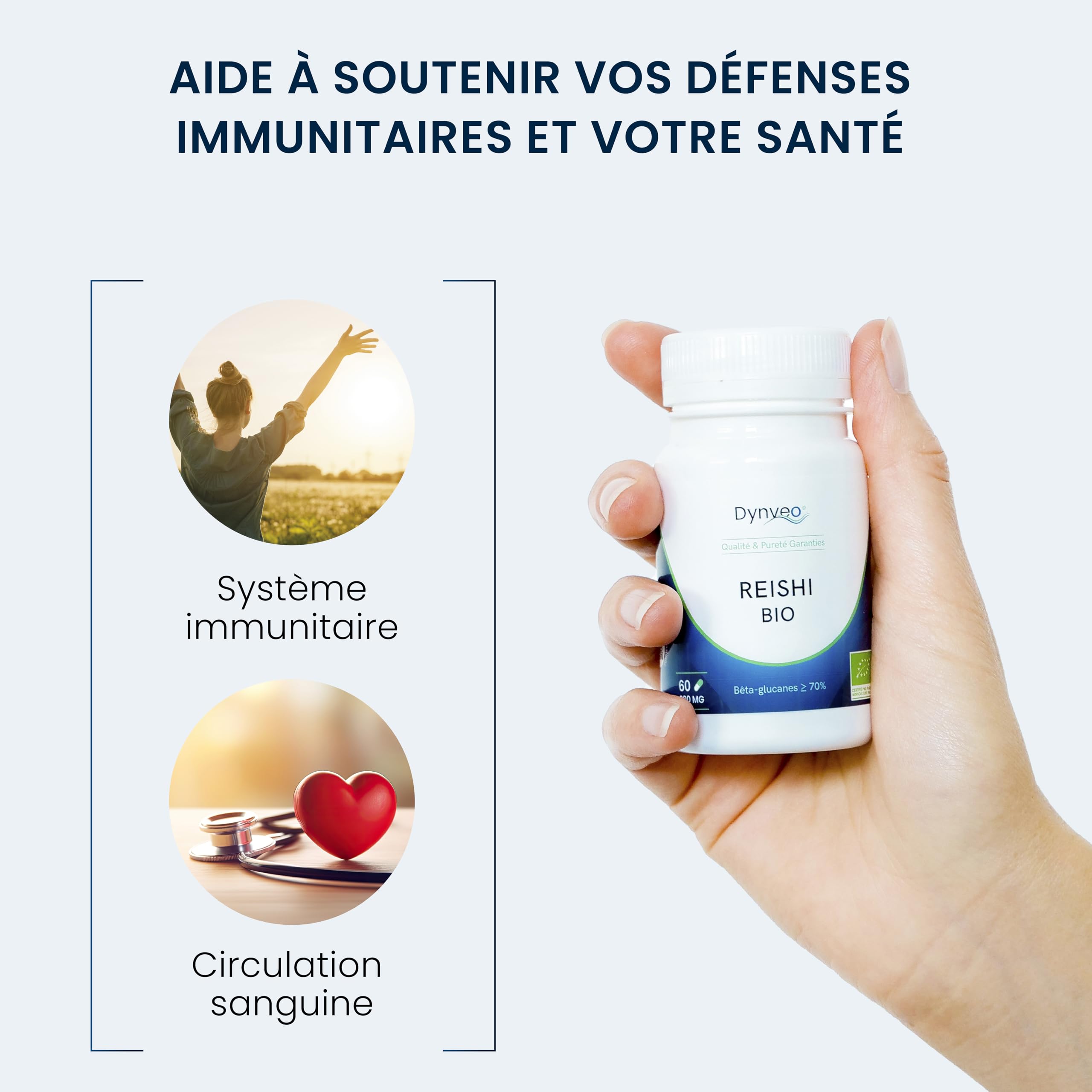 Extrait sec de Reishi Bio concentré - 70% Bêta-glucanes & 90% Polysaccharides - 200mg - 60 gélules - Système Immunitaire, Bien Être - Sans OGM - Qualité Immulink MBG®, Fabriqué en France, DYNVEO