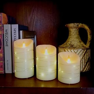 Rechargeable Ivory LED flameless Candle, with Embedded Star String, 3-Piece LED Candle Set, with 11 Button Remote Control, 24-Hour Timer Function, Dancing Flame, Real Wax.