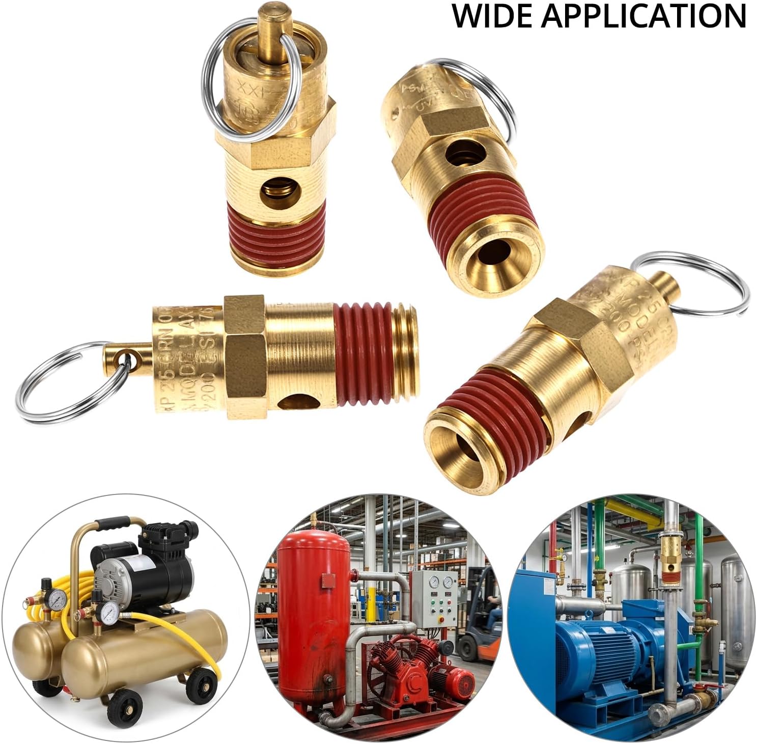 1/4 Inch Male NPT Brass Safety Pressure Relief Valves, 4 Pack 200 PSI Air Compressor Check Valves with Thread Seal Locks for Air Water Oil Systems