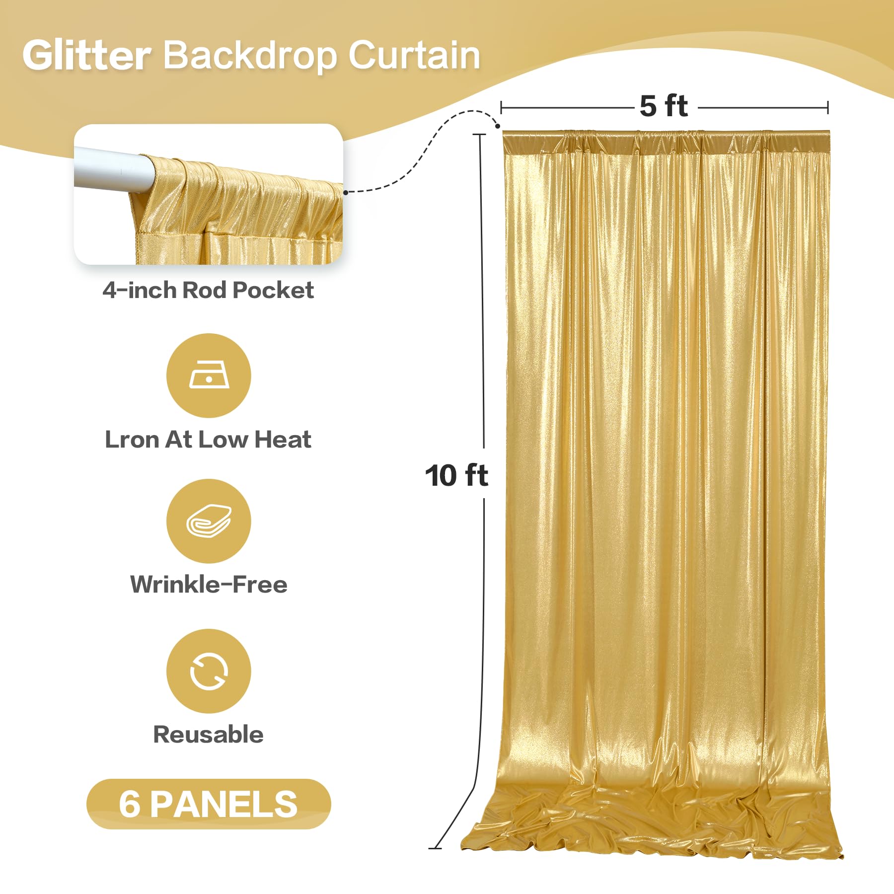gogoparti Tenda con paillettes dorate, 9 x 3 m, 6 pannelli di tende glitterate senza pieghe per fotografia, compleanni, matrimoni e lauree, 12 x 3 m