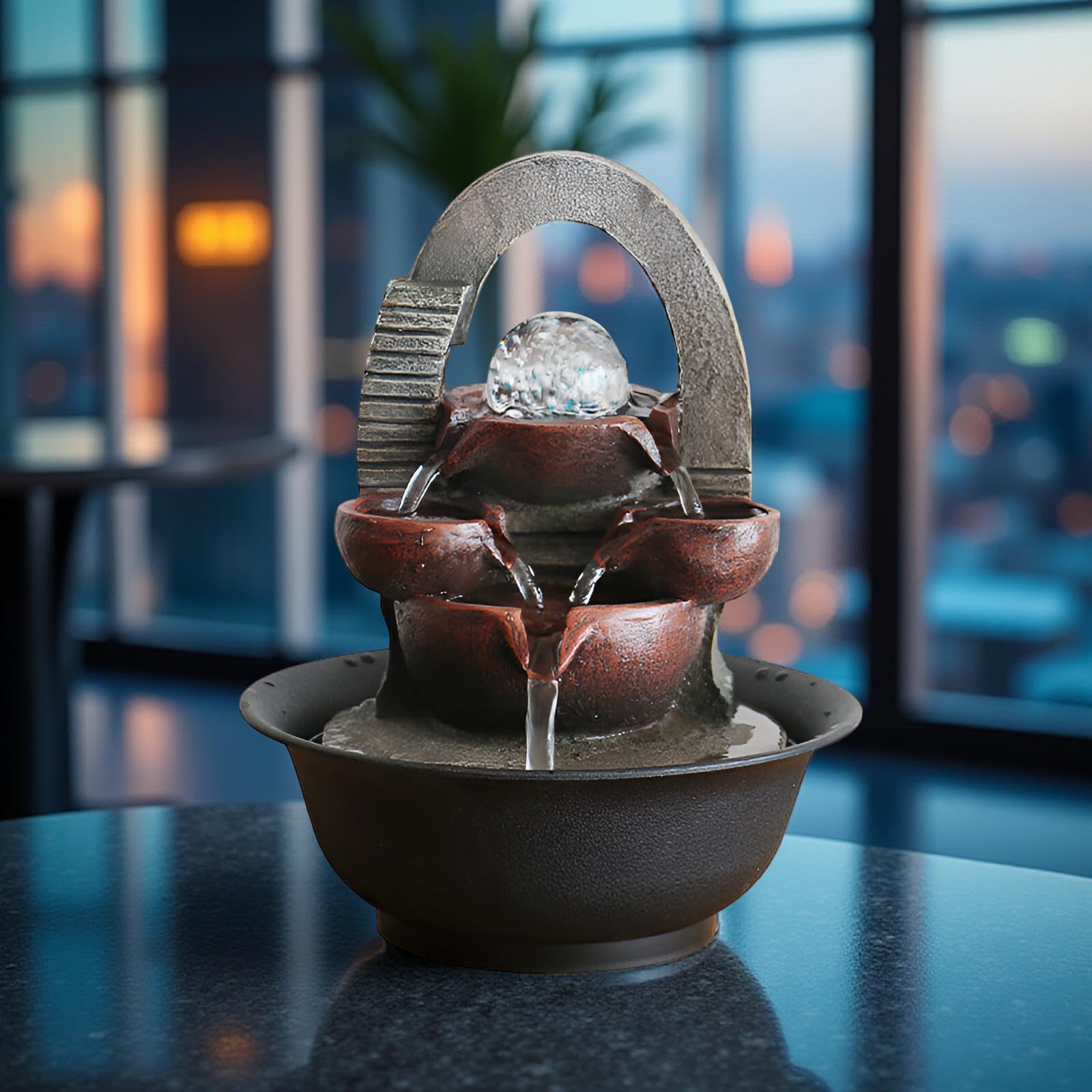 Zen Rock - Fontana da tavolo per interni con pompa silenziosa, cascata a più livelli, luci a LED e 10 cristalli naturali, decorazione rilassante per casa, ufficio e camera da letto (stile 7)