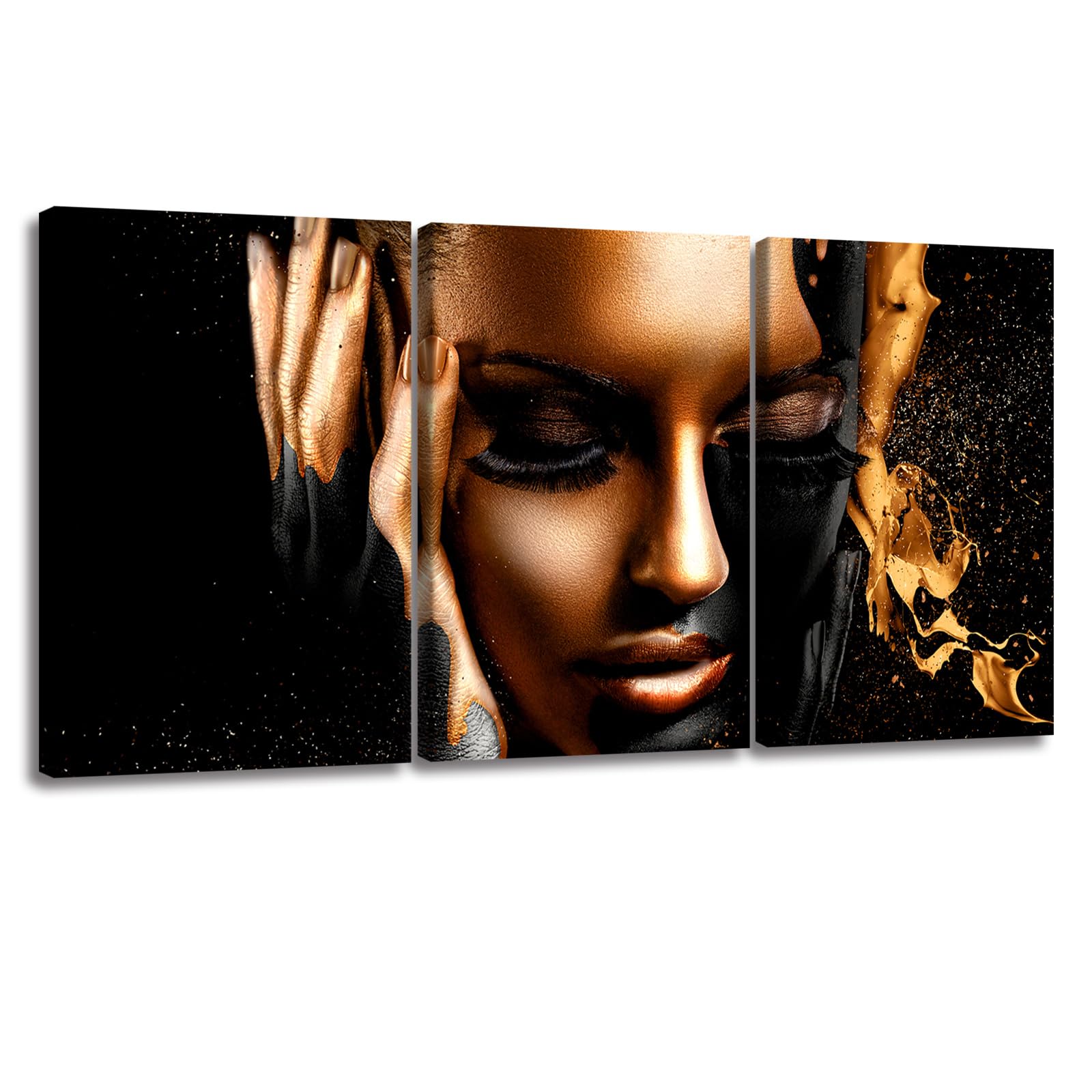 Pennimor 3Pieces Canvas Wall Art, Gold Black Woman Face Poster Wall Decor Modern Giclee ArtworkInk Ink Painting Print Wall Pictures for Living Room Home Decoration 12X16in