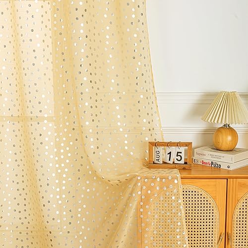 Miniatura 2 de Deeprove Juego de 2 paneles de cortinas traslúcidas amarillas de 84 pulgadas de largo, estampado de lunares metálicos plateados, tratamientos de