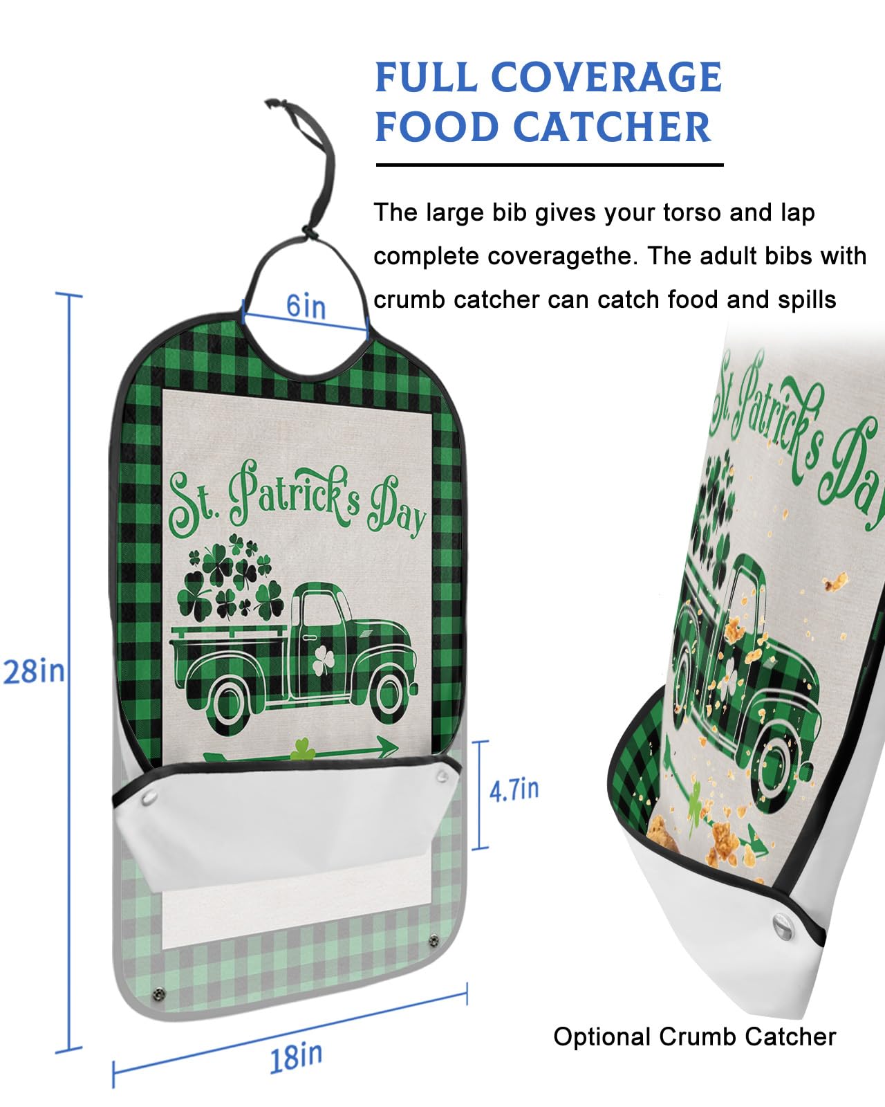 St. Patrick's Day Adult Bibs for Eating, Waterproof Bibs with Food Catcher & Adjustable Snap Closure, Green Black Plaid Truck Lucky Clover Washable Clothing Protectors Adult Bibs for Elderly Women/Men