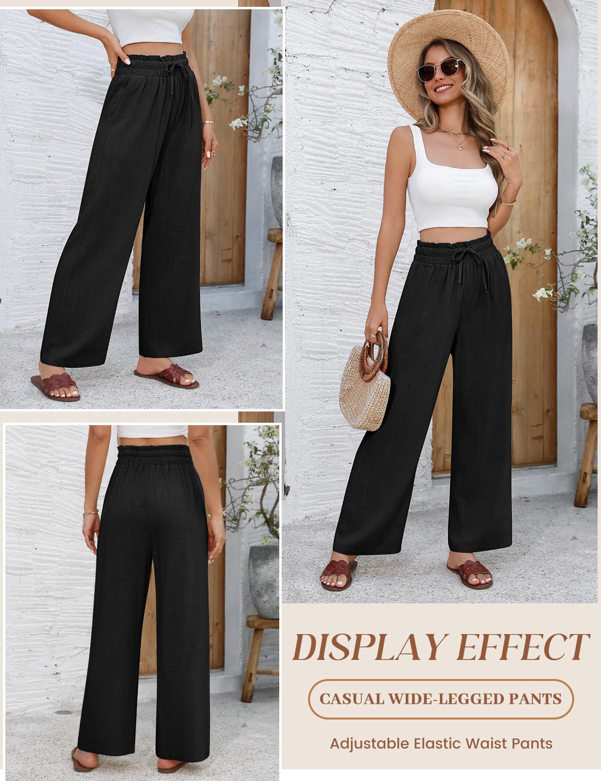 UMIPUBO Pantalon Lin Femme Été Coton Fluide Large Elegant Décontracté Pantalon Taille Haute Élastique avec Cordon Léger Jogging Pants de Plage avec Poches