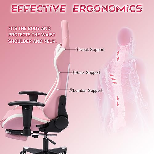 Miniatura 4 de Silla de juegos rosa con reposapiés, silla ergonómica de juego de carreras con respaldo alto con soporte lumbar de masaje, altura ajustable, cómoda