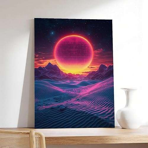 Miniatura 7 de Synthwave Wall Art Print  Neon Retro Sunset with Minimal Moon, Perfect for Office Or Studio Decor Poster Print Decorative Painting Canvas Wall Art