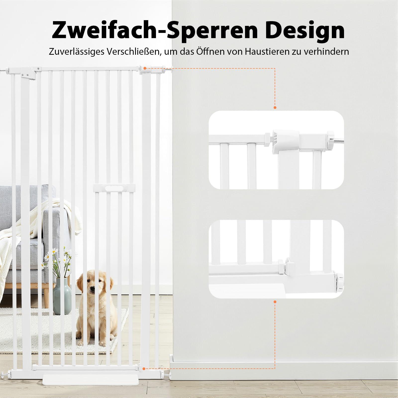 Rejilla protectora para mascotas (150 cm, ajustable), color blanco | Para puertas de pasillos de escaleras; sin taladrar; ancho ajustable (76-85 cm), ideal para perros y gatos, seguro y flexible