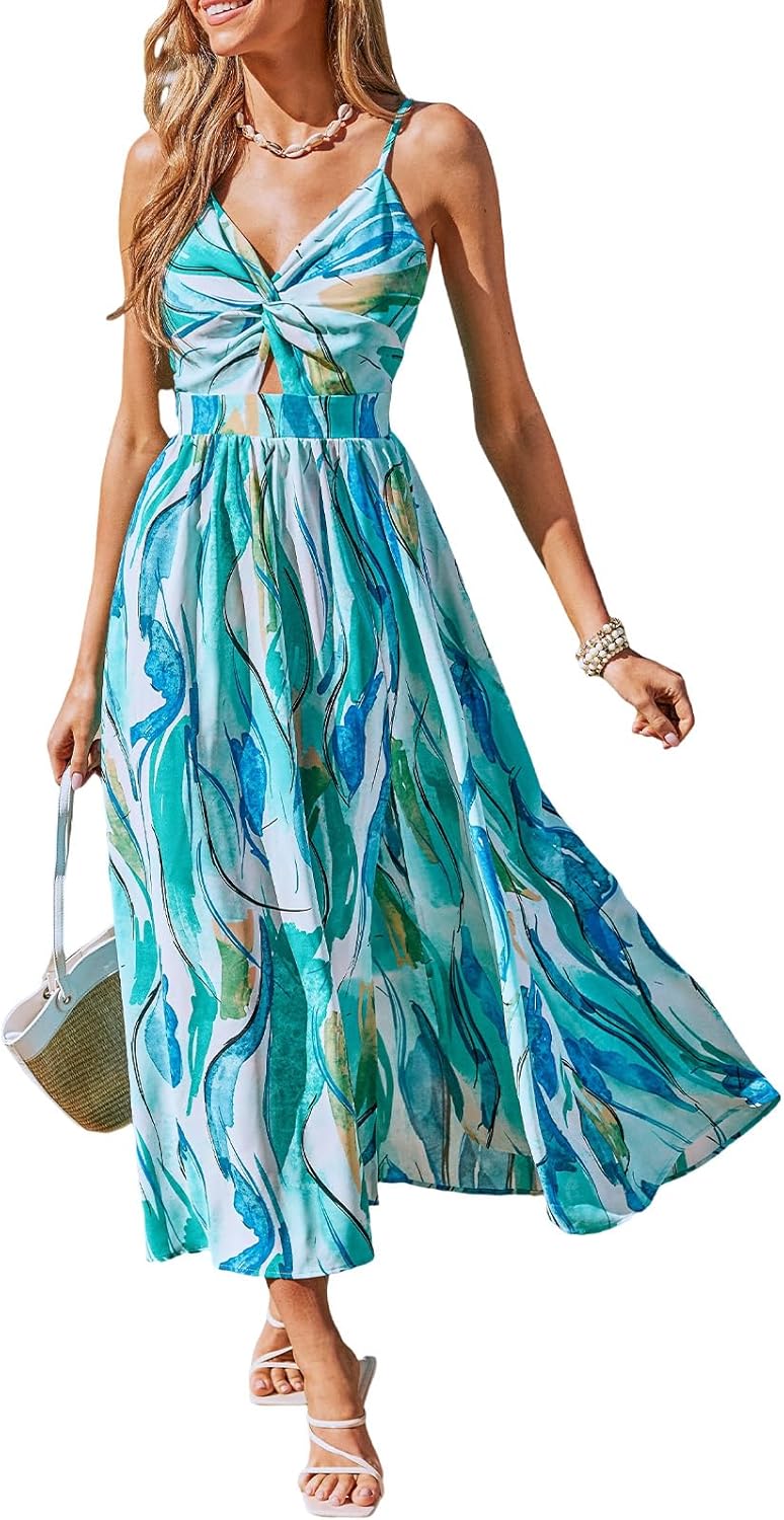 CUPSHE Women’s Long Dresses Summer Sleeveless Beach Casual Side Slit Spaghetti Straps Vacation Graduation Midi Dress