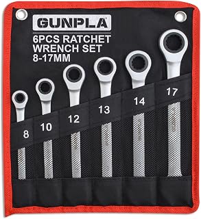 Gunpla 6-teiliges Ratschenschlüssel-Set, 8–17 mm, metrisches Ratschenschlüssel-Set, langlebiger Chrom-Vanadium-Stahl, mit Aufbewahrungstasche