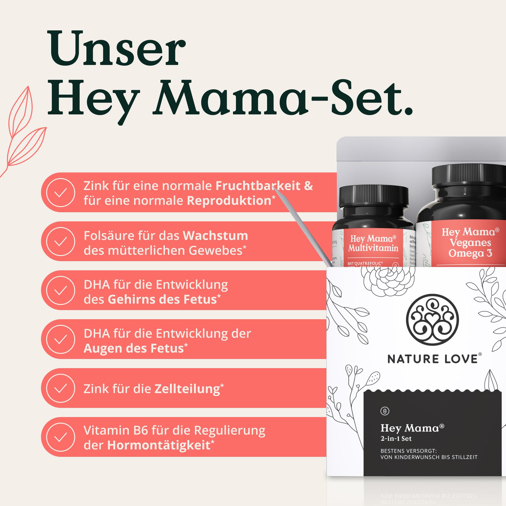 NATURE LOVE® Hey Mama Schwangerschaftsvitamine - von Kinderwunsch bis Stillzeit - 3 Monate Reichweite - Folsäure, Omega 3, Vitamine, Mineralstoffe - vegan - laborgeprüft & in Deutschland produziert