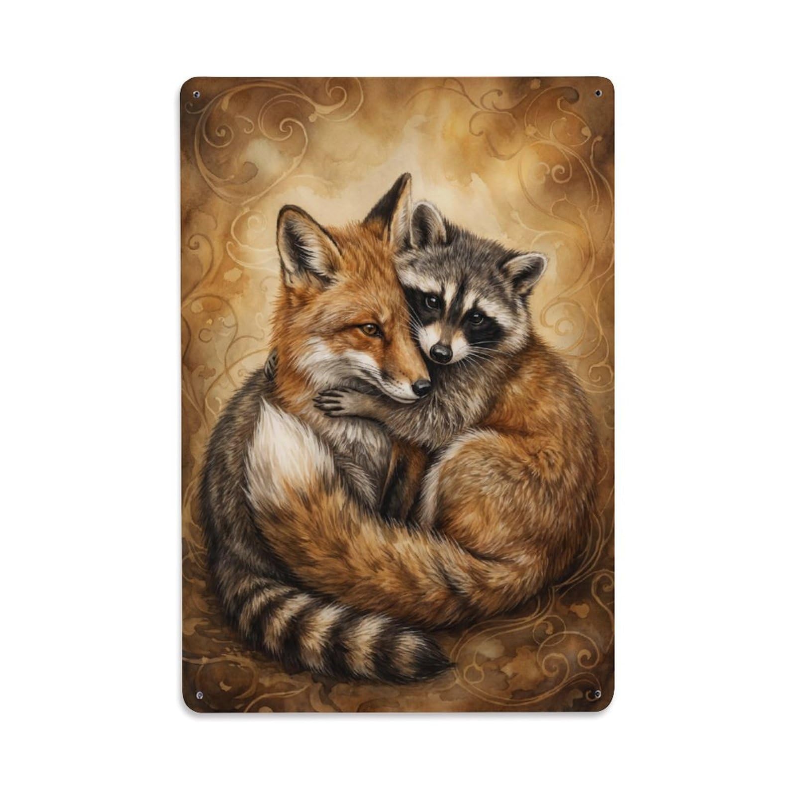 Metal Tin Sign Vintage Animal Cute Fox & Raccoon Animal Friendship