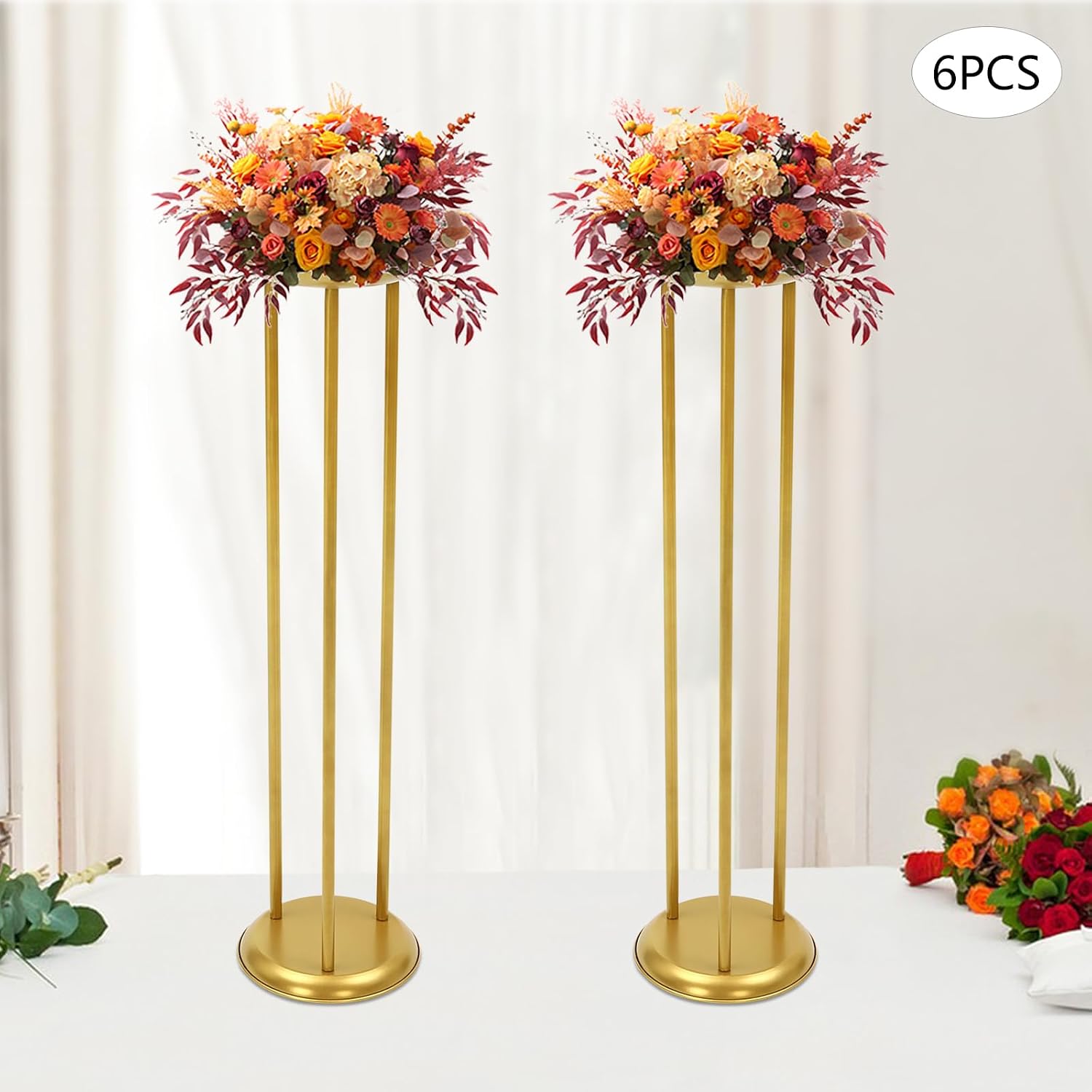 6pcs Gold Flower Vase, Carbon Steel Road Lead Centerpiece Vase, Flower Display Stand, Wedding Centerpieces Party Table Decor, Decorative Flower Stand (7.87 * 31.5in)