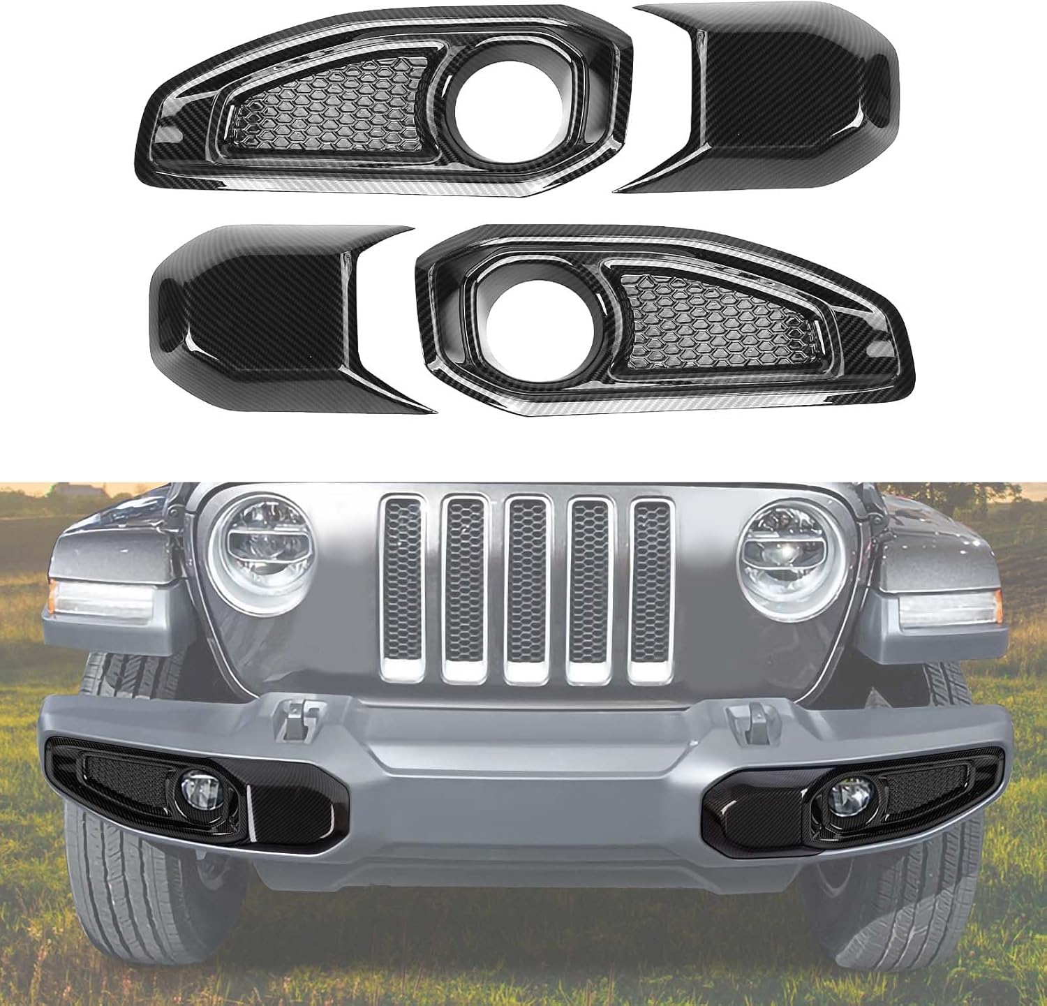 Hoolcar Front Fog Light & Front Bumper Anti-Collision Cover Trim Compatible with Jeep Wrangler JL JLU & Gladiator JT 2018-2024 2025, Carbon Fiber, Exterior Accessories