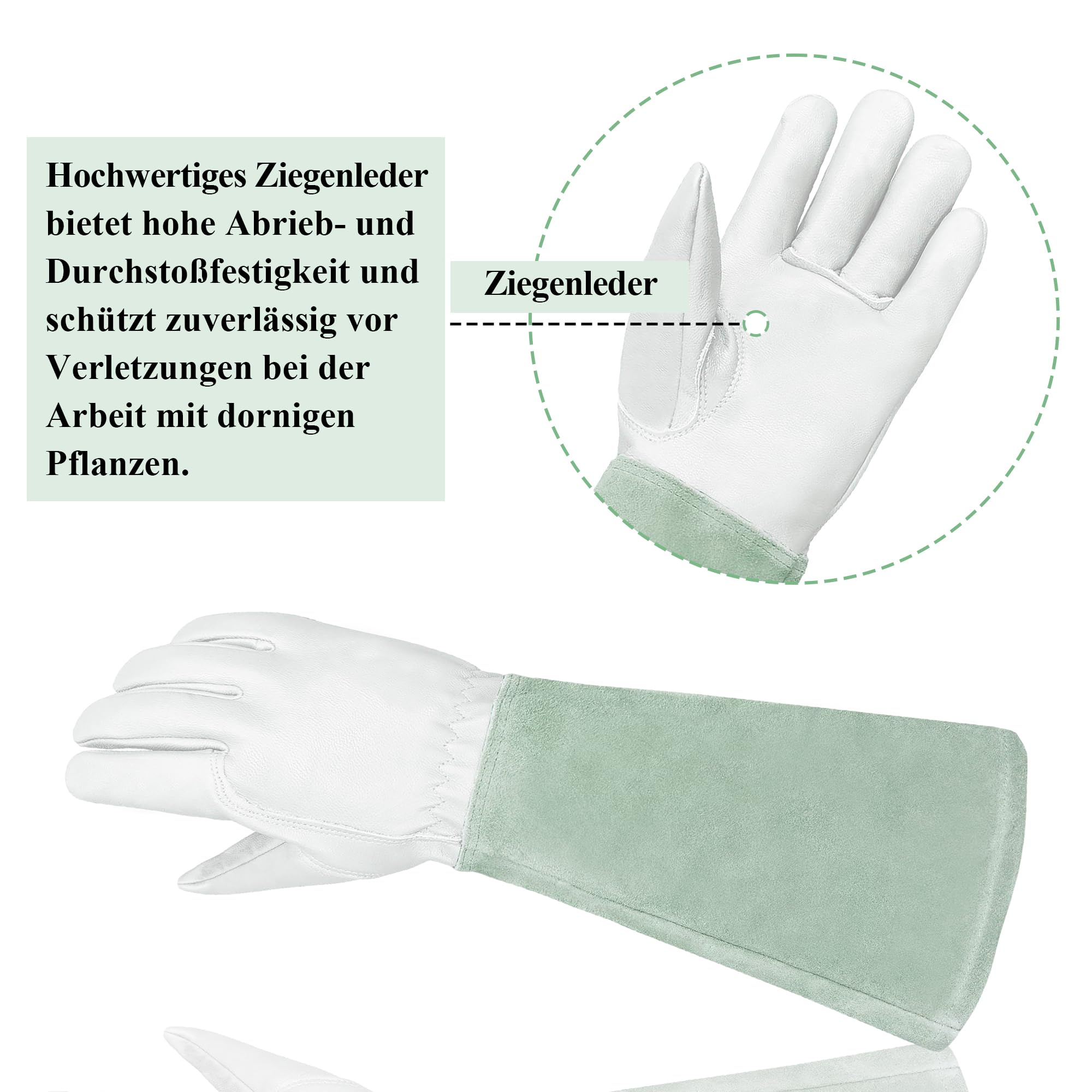 Guantes de jardinería de cuero, resistentes a las espinas, guantes largos de rosas con palma de piel de cabra y puño de piel de vacuno para jardín, rosas, arbustos y árboles frutales (blanco