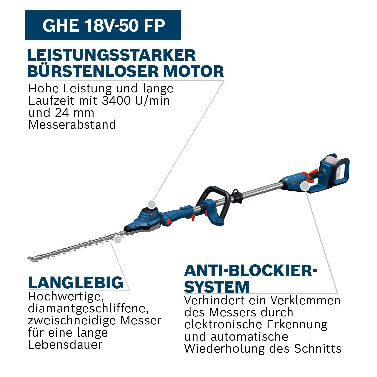 Bosch Pro Akku-Stabheckenschere GHE18V-50 FP (360°-Zusatzhandgriff, 3400 Hübe pro Minute, geringes Geräusch: 90 dB, ohne Akku)