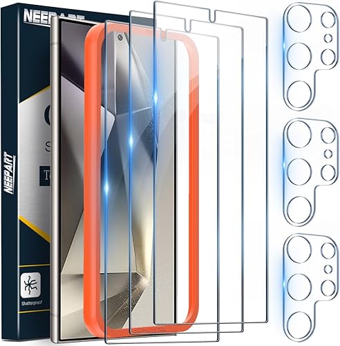NEEPART Paquete de 3 + 3 protectores de pantalla para Samsung Galaxy S24 Ultra, paquete de 3 protectores de pantalla de vidrio templado + 3