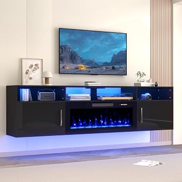 Floating Fireplace TV Stand, 80" Floating TV Stand Wall Mounted with 36" Fireplace, Black Floating Entertainment Center Fire Place TV Stands for Living Room Media Console, Up to 80" TVs