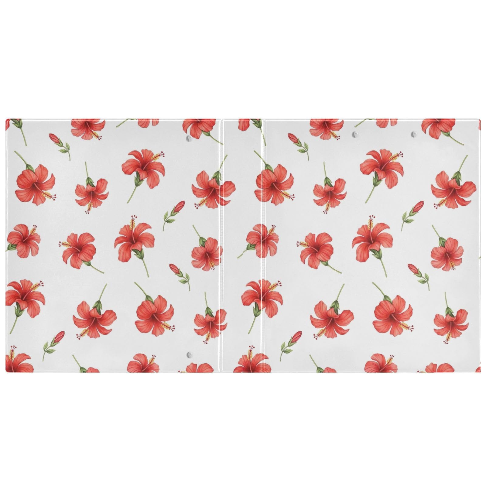 Raccoglitore a 3 anelli, confezione da 2 raccoglitori ad anelli a D con tasche grandi, motivo fiori di ibisco rosso, verde e bianco, per scuola, università, ufficio