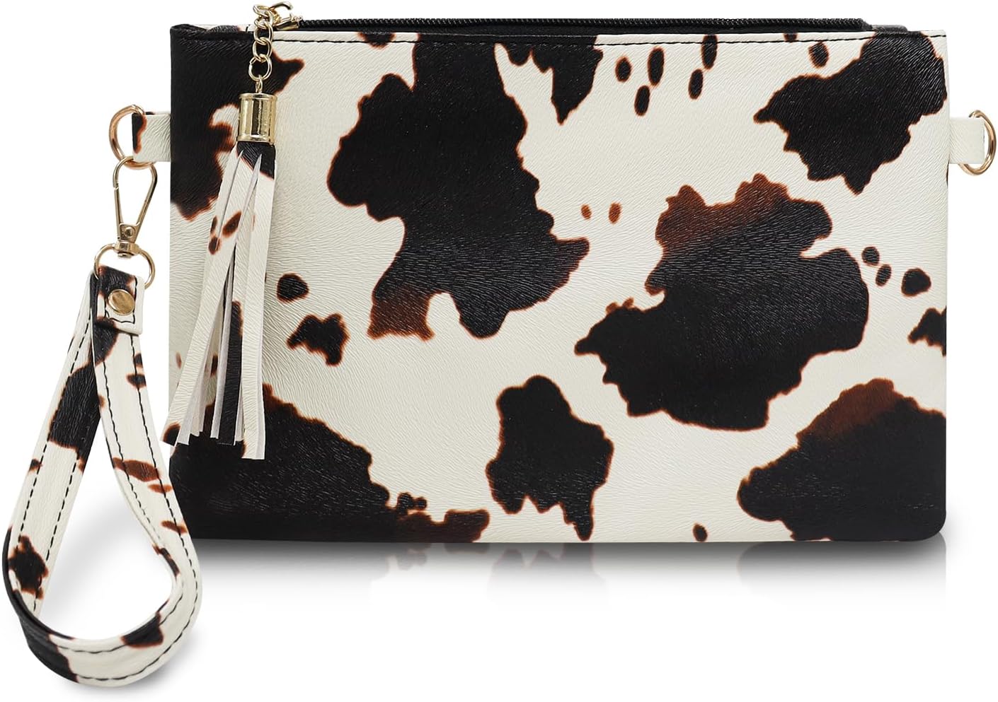 Wristlet Wallets for Women Leopard Cow Print Clutch Wallet with Tassels Clutch Purse with Detachable Wrist Strap