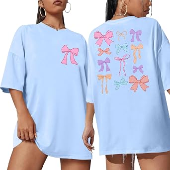 KIDDAD Bows Shirt Women Trendy Aesthetic T-Shirt Funny Pink Bow Ribbon Oversized Tee Cute Coquette Tee Top