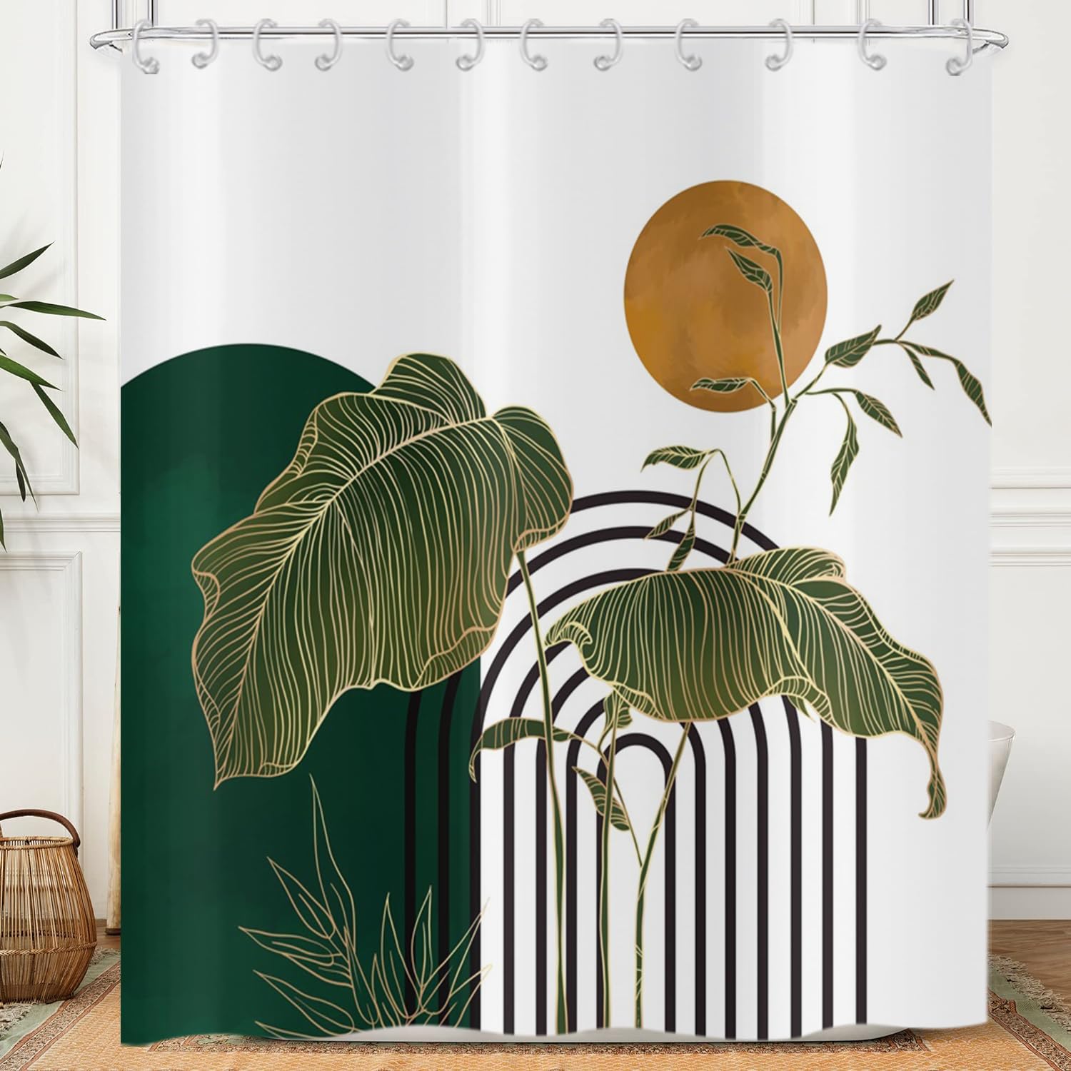 Hnmdmyi Boho Shower Curtain 120x180, Mid Century Abstract Green Emerald Leaves Geometric Lines Modern Minimalist Sun Aesthetic Bathroom Shower Curtains Waterproof Polyester Fabric Bath Curtains
