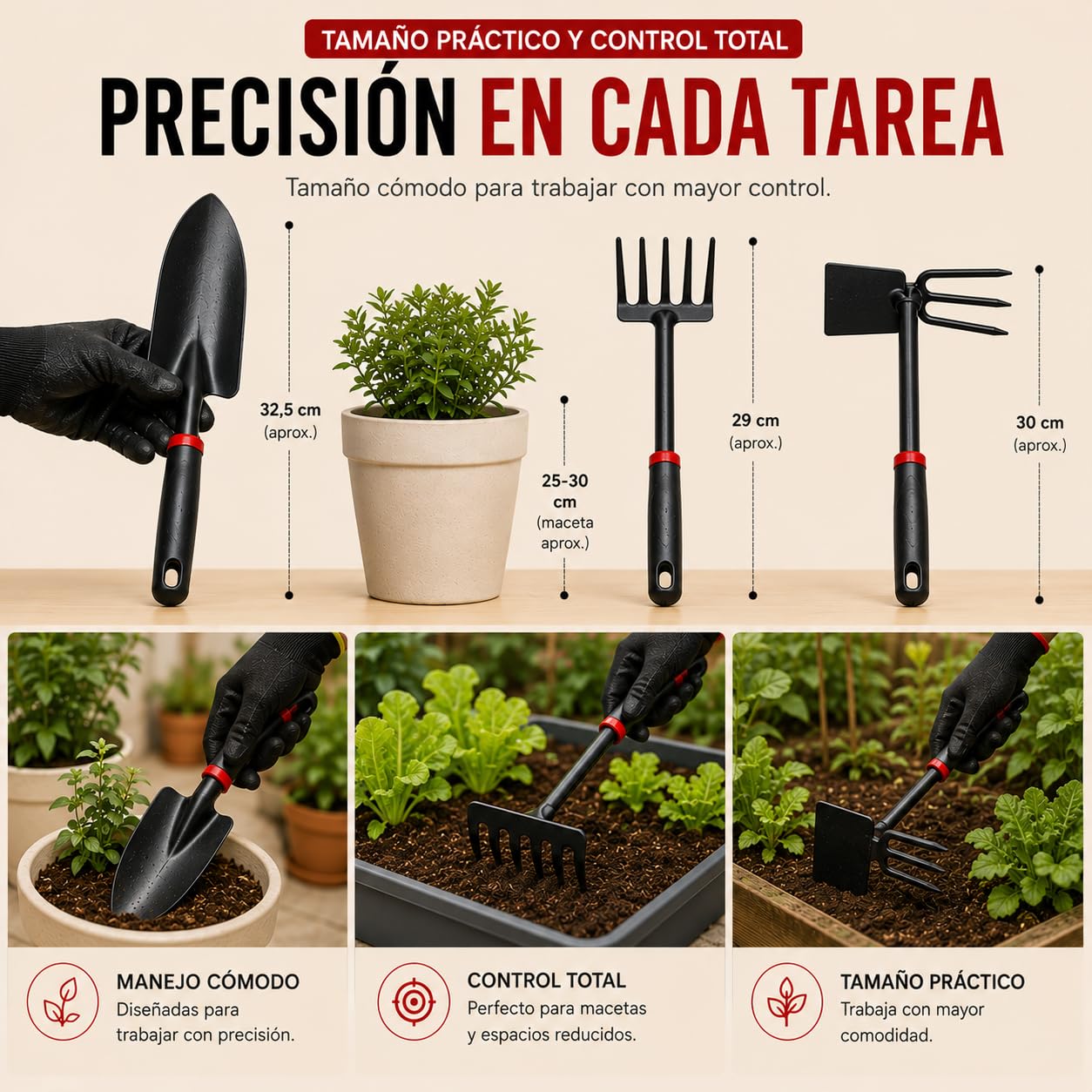 Kit 5 Herramientas de Jardinería de Metal Que Incluye Tijeras de Podar, Pala Trasplantadora, Rastrillo, Azada Doble y Guantes | Kit jardineria para Jardín, Huerto Urbano y Terraza (Rojo/Negro)