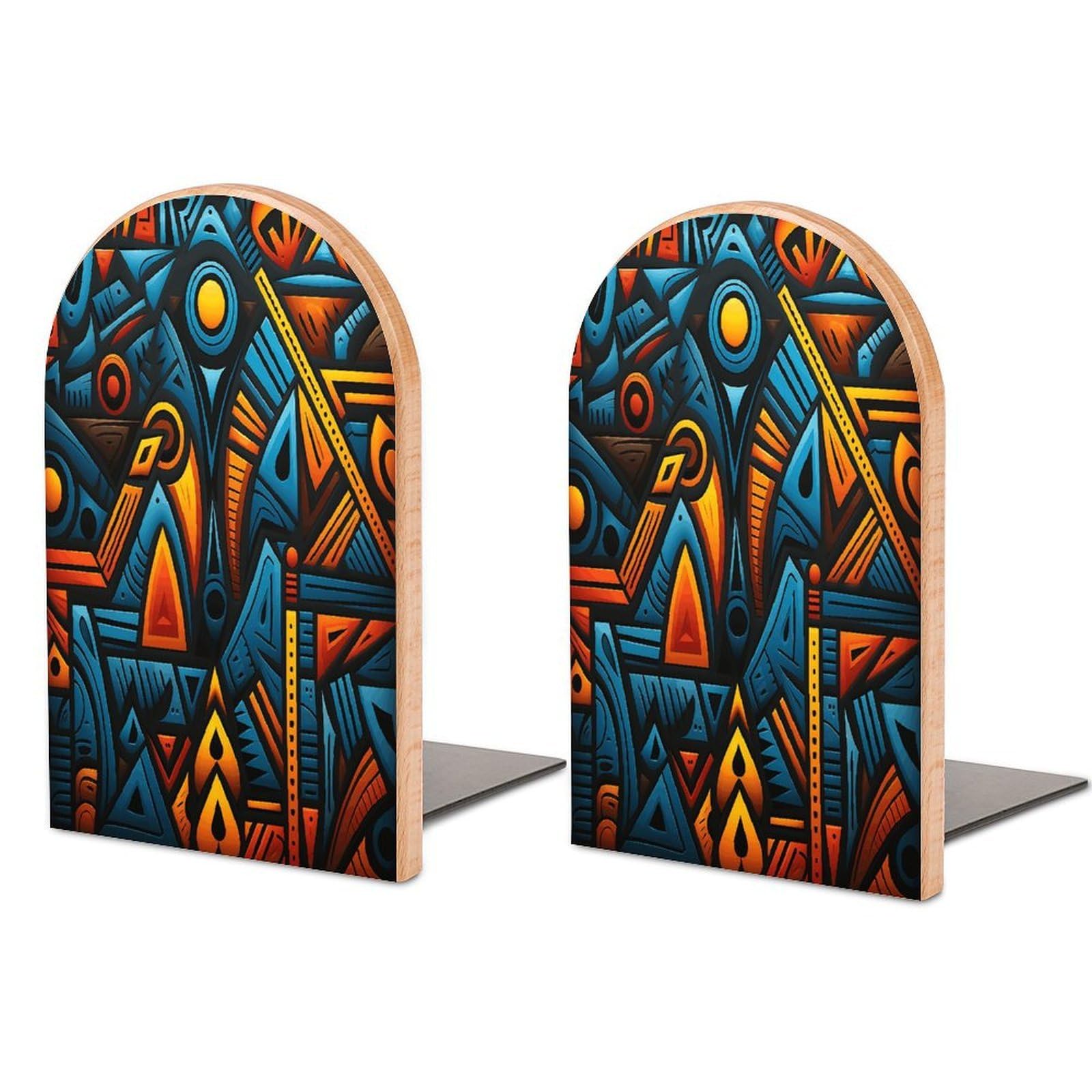 Sujetalibros elegante de madera labrada con patrón textil africano y base pesada decorativa