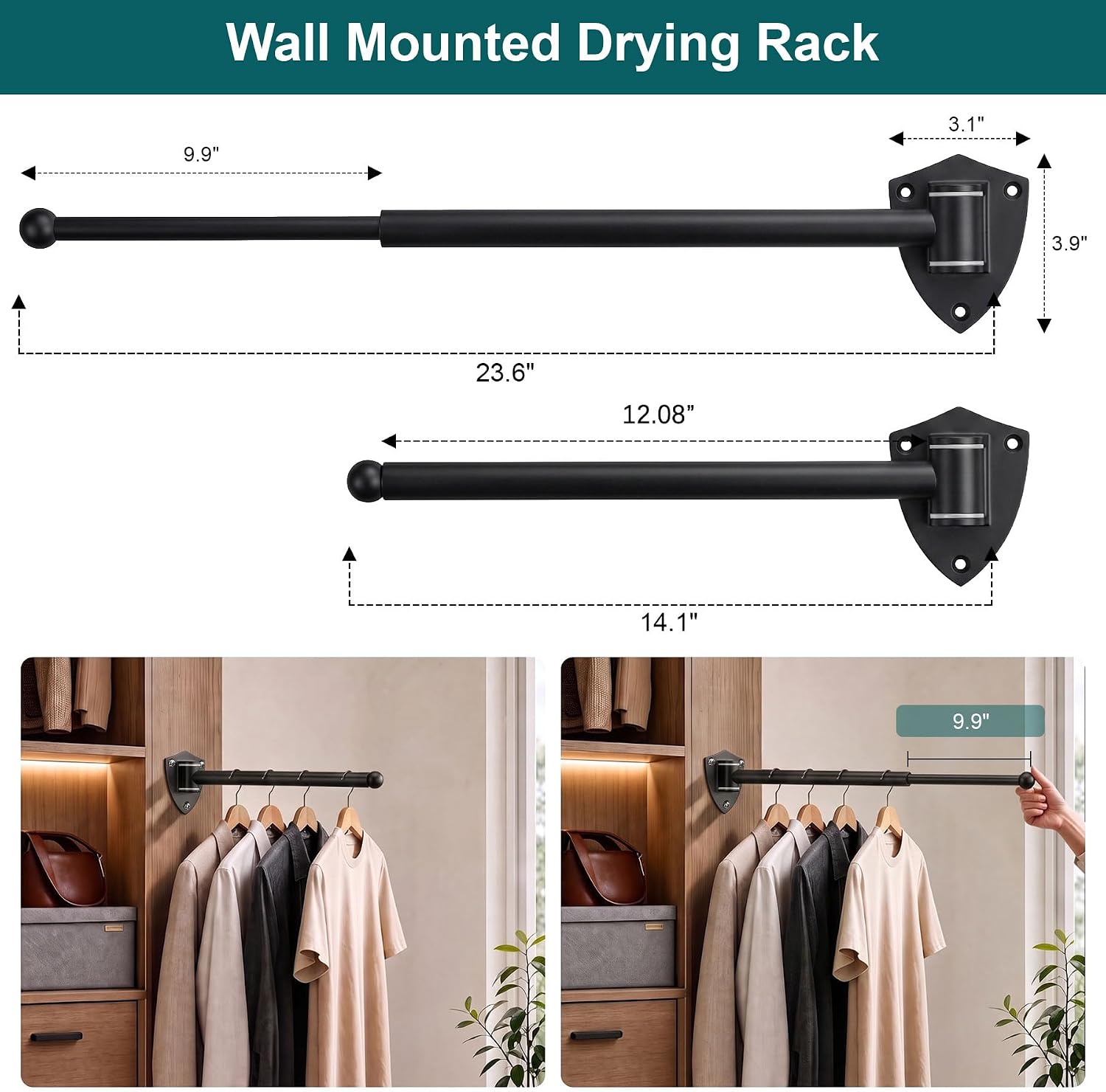 12" Wall Mounted Drying Rack, Foldable & Pull-Out Clothes Hanger, Black
