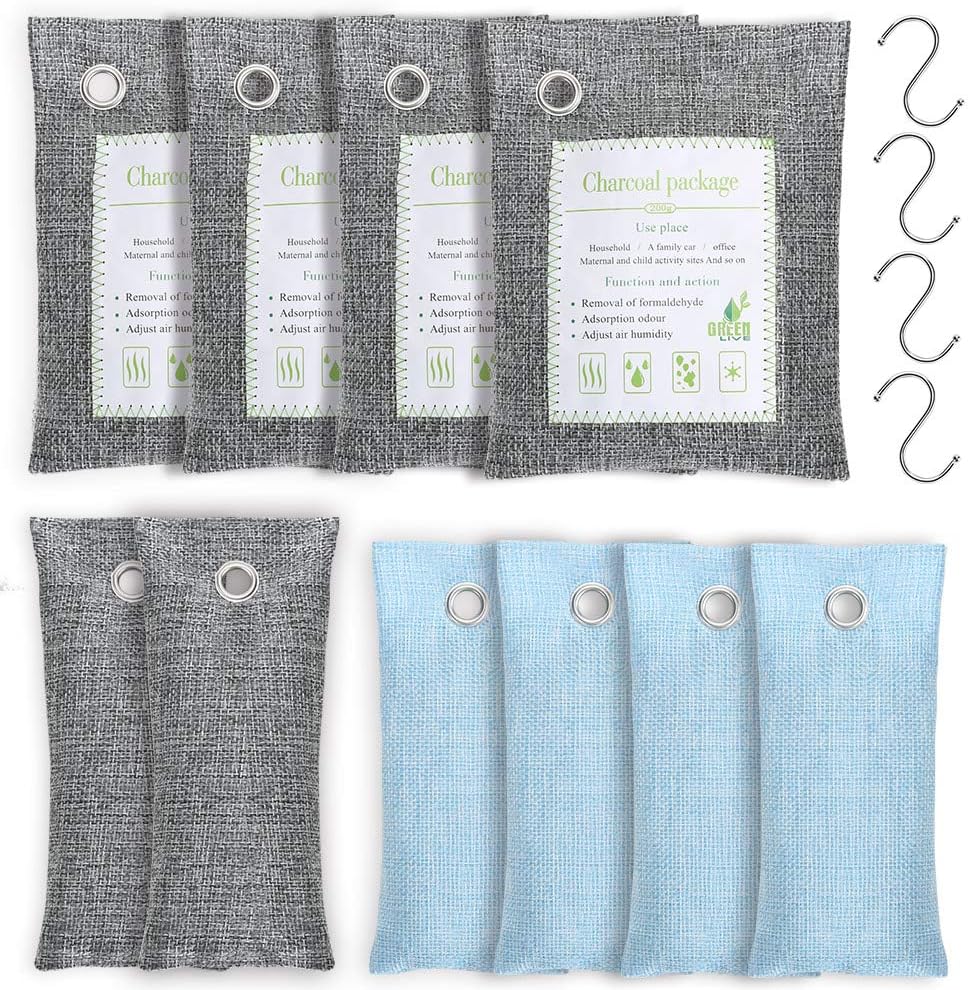 Bamboo Charcoal Air Purifying Bag 10 Pack(4x200g, 2x75g, 4x50g) with 4 Hooks, Natural Air Purifying Bag, Activated Charcoal Odor Eliminators, Odor Eliminating Charcoal Bags by 1Easylife