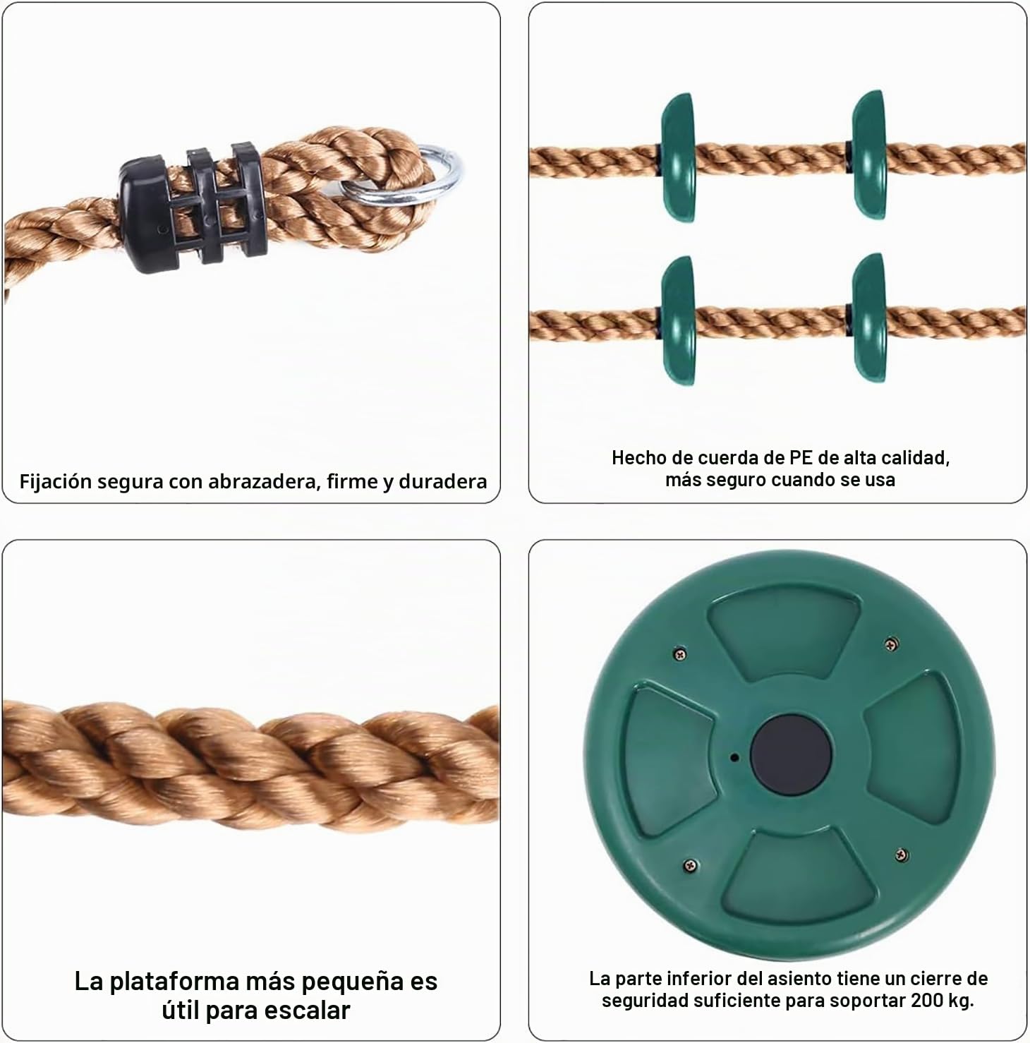 Columpio de cuerda de escalada, columpio infantil al aire libre con placa de asiento, longitud de cuerda ajustable, capacidad de carga hasta 200 kg, para jardín, parque, parque infantil (verde