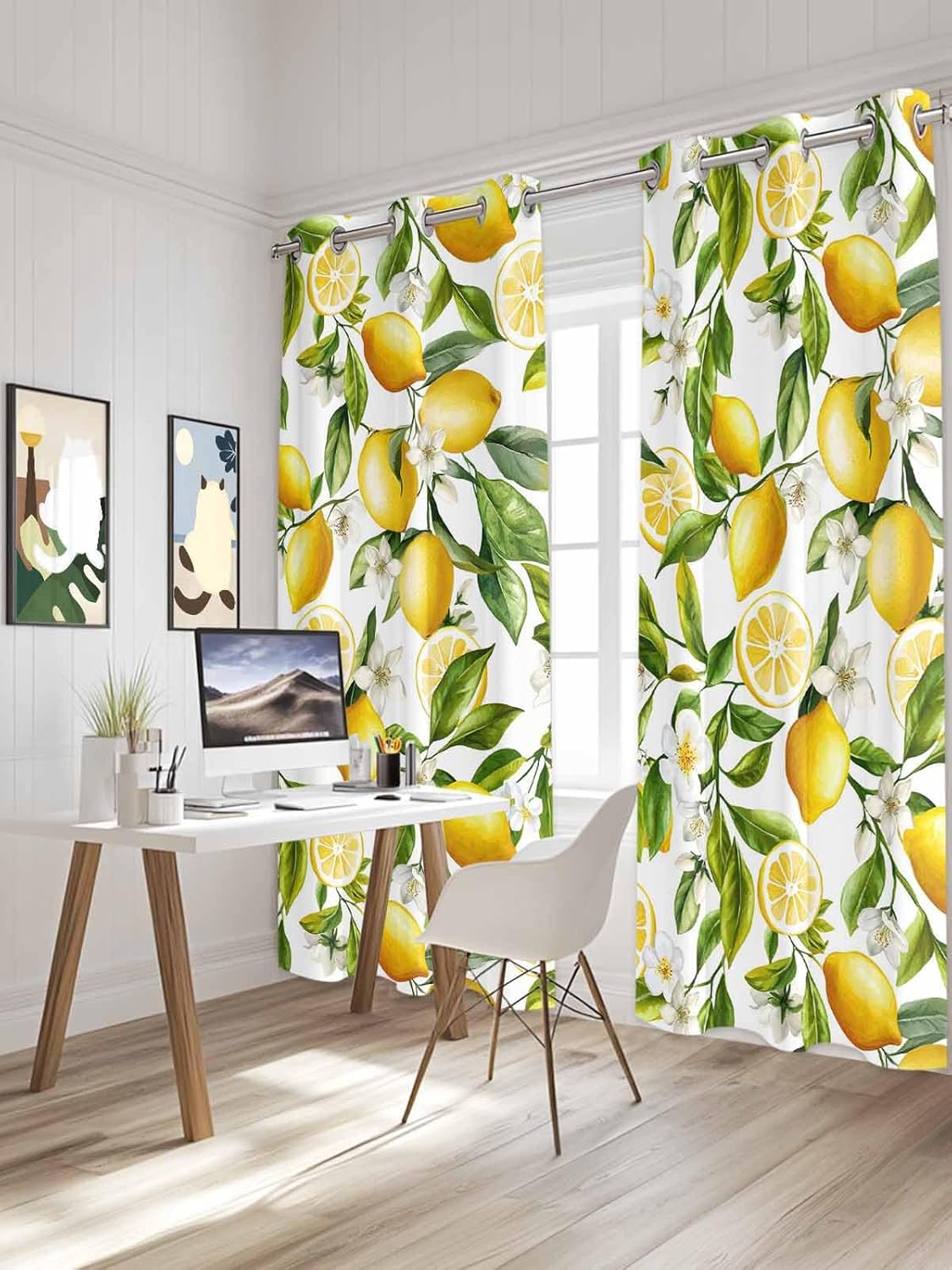 Lemon Yellow Window Curtains Panels with Silver Grommet,Country Floral Leaf Green White Kitchen Cafe Curtain Draperies Window Treatment Set for Living Room/Bedroom/Laundry Room/Bathroom/Cafe,84x84
