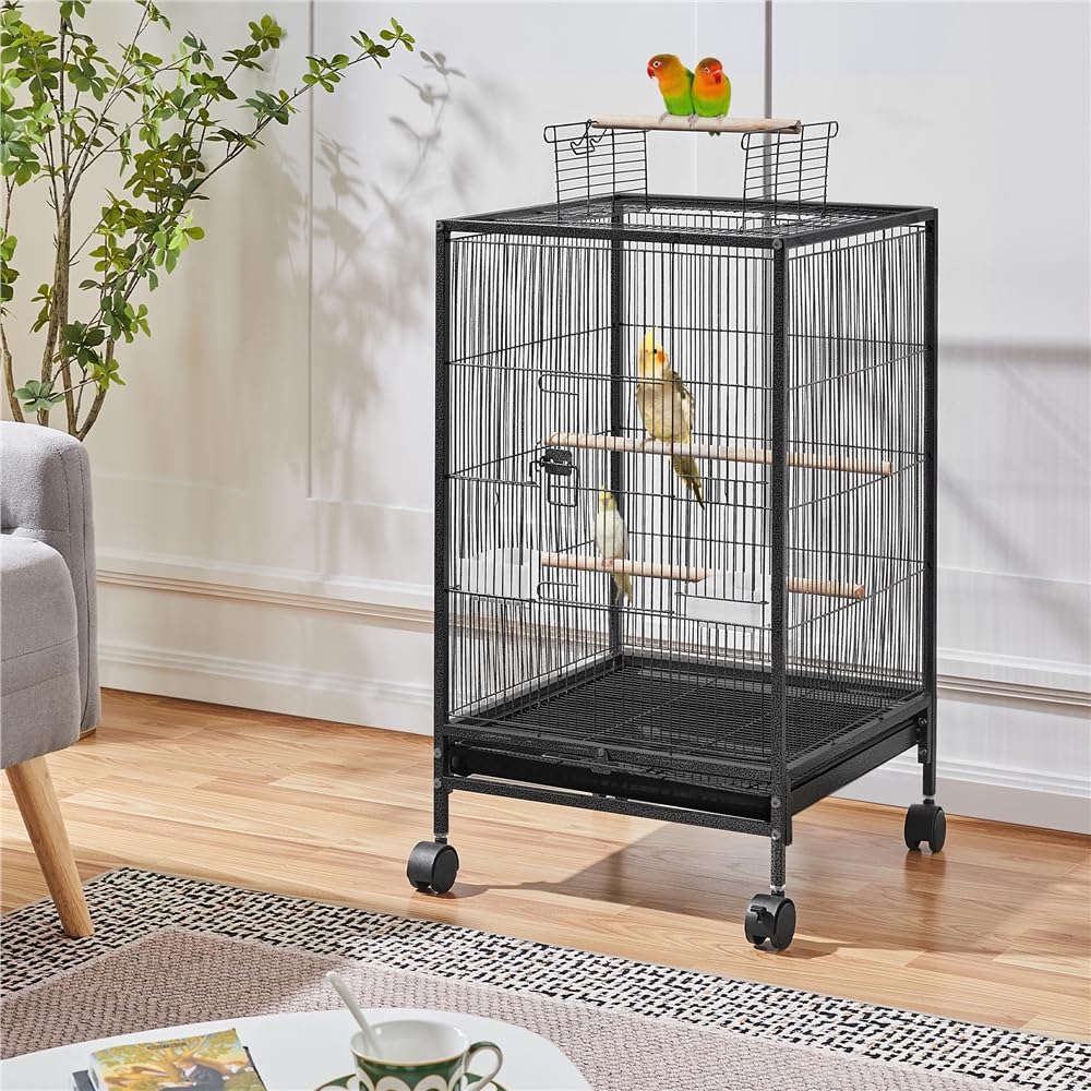 Yaheetech Vogelkäfig mit offenem Dach, Vogelvoliere mit Holzstangen und 360° drehbaren Rollen, 2 Futternäpfe & Schublade, großer Raum für Vögel, 45,5x45,5x89,5 cm