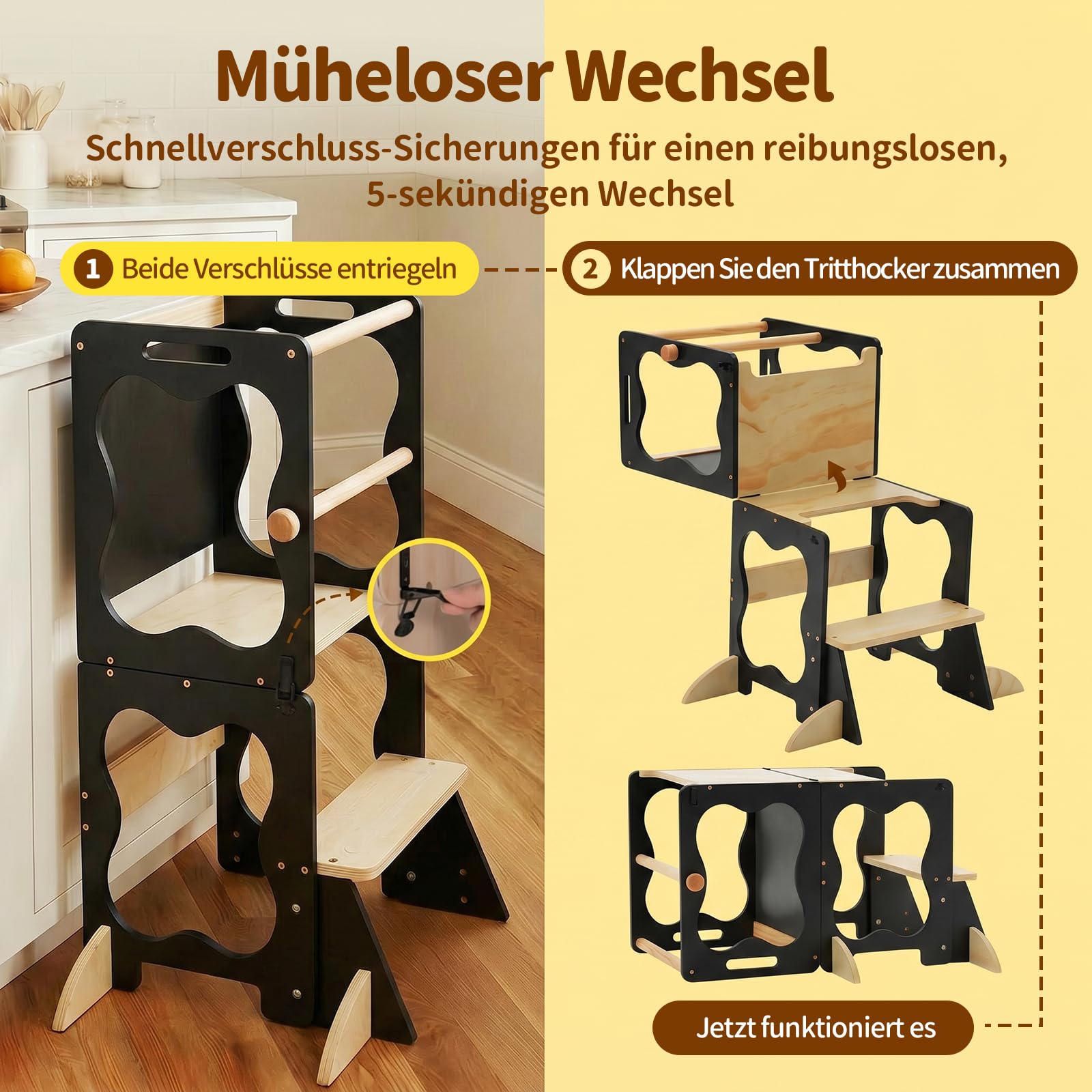 COSYLAND Lernturm Kinder 3in1 Küchenhelfer mit Tafel & Geländer Schwarz | Stabiler Küchenhelfer, wandelbar zu Tisch & Stuhl. Ideal für Lernen, Spielen und Küche. Sicher und zuverlässig.