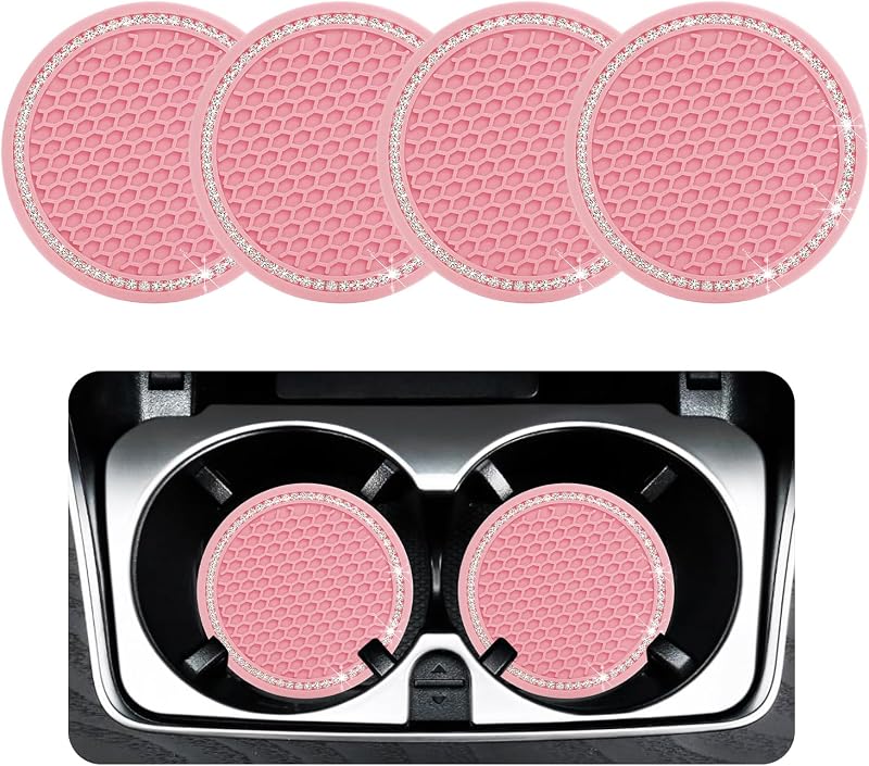 Ziciner Kit com 4 Bases para Porta-Copos Automotivo em Silicone com Strass, Redondas, Rosa-claro e Branco