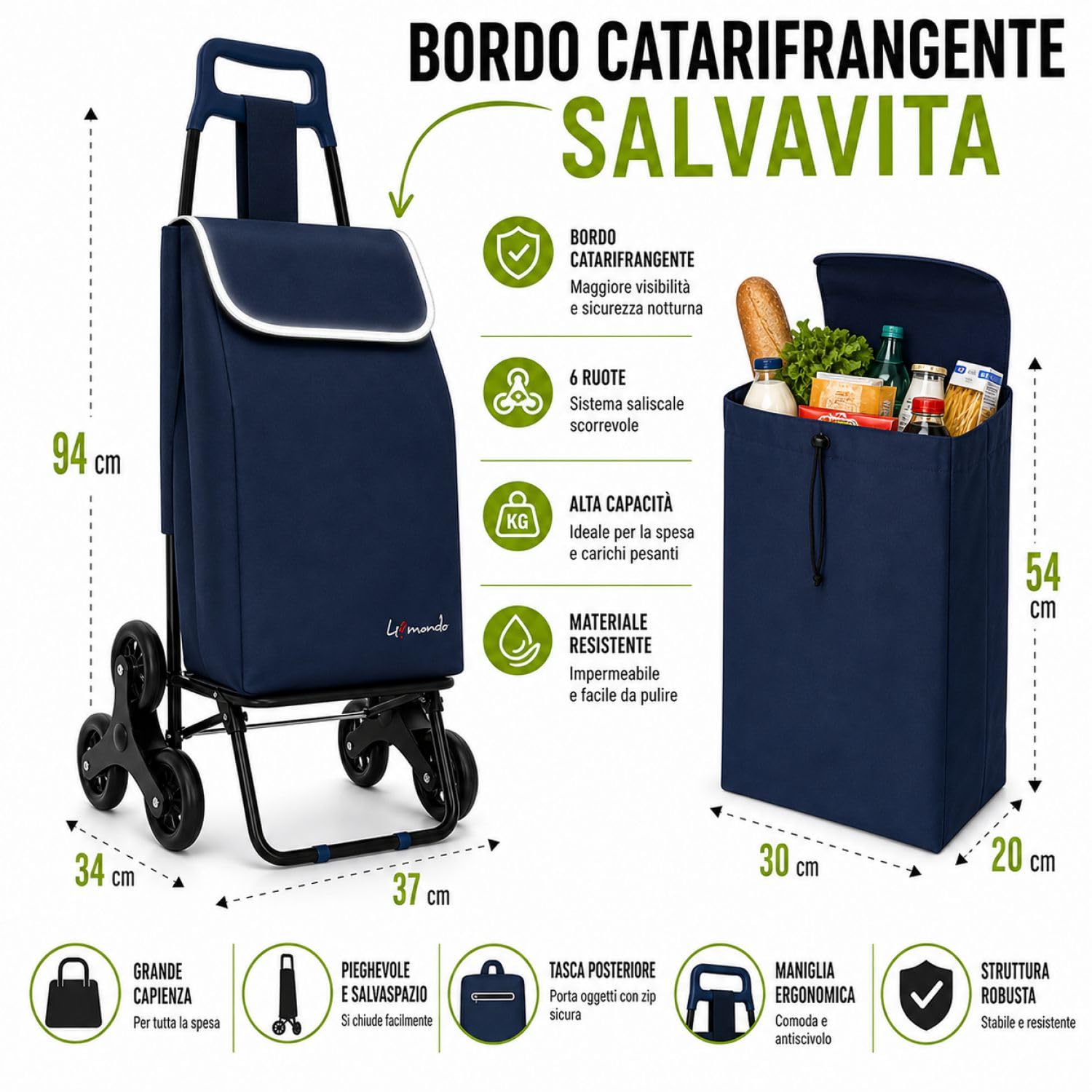 Leonardo Trolley per la Spesa con Tre Ruote Girevoli Saliscale, Portaspesa con Borsa Rimovibile