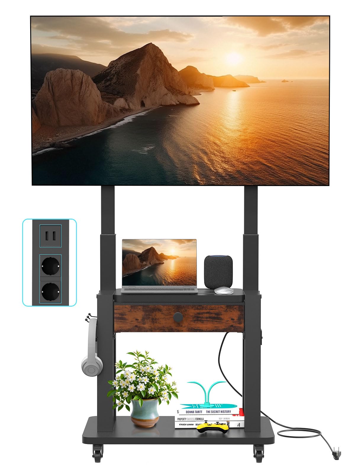 Supporto TV con cassetto in tessuto, per schermo piatto/curvo da 32"-75", fino a 200 libbre LCD/LED/OLED, carrello per TV mobile con ruote per casa ufficio all'aperto Max VESA 600 x 400 mm