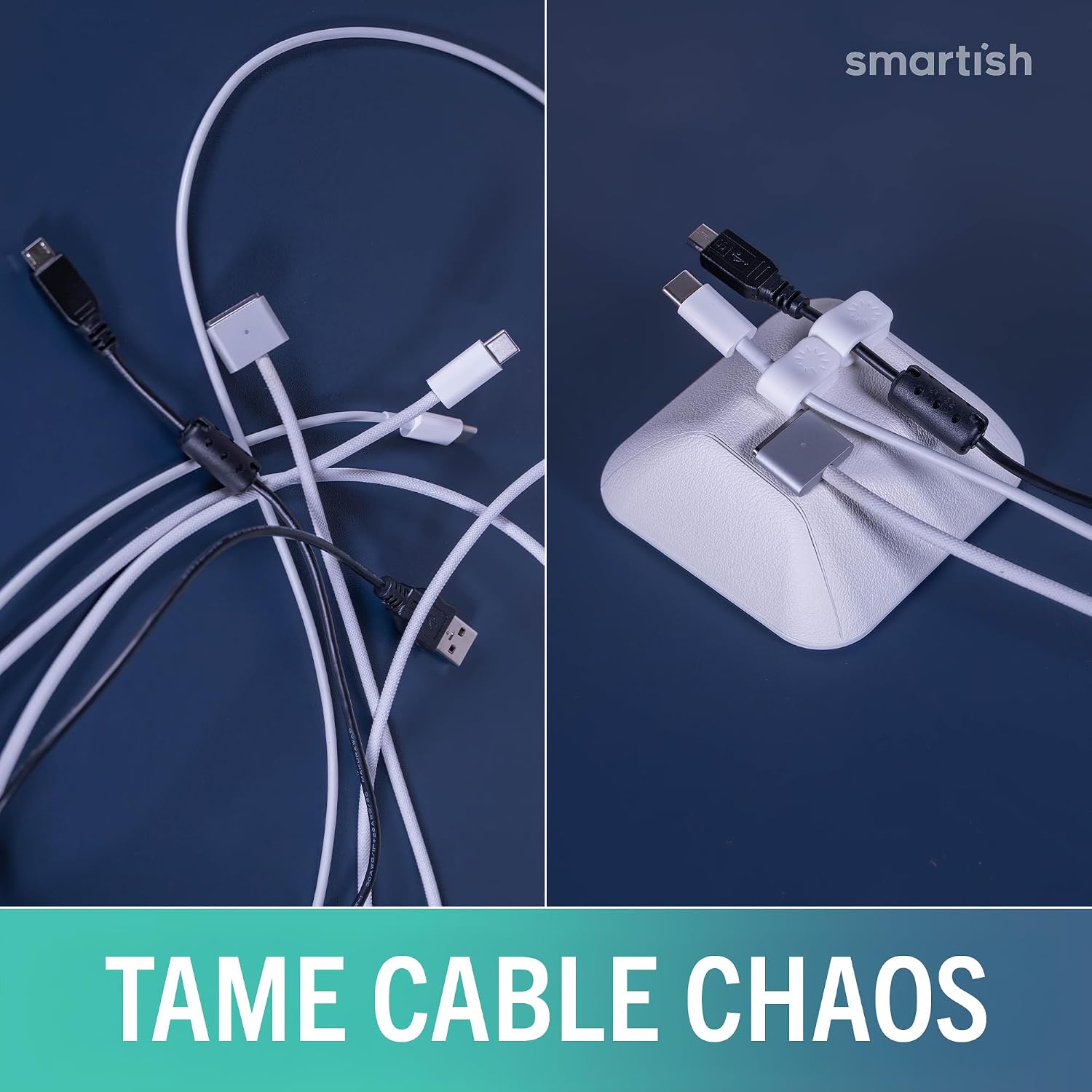 Smartish® Magnetic Cord Holder - Cable Wrangler Organizer with Magnet Clips for Charger Management on Desktop, Nightstand for USB-C + Lightning - Snow Day White