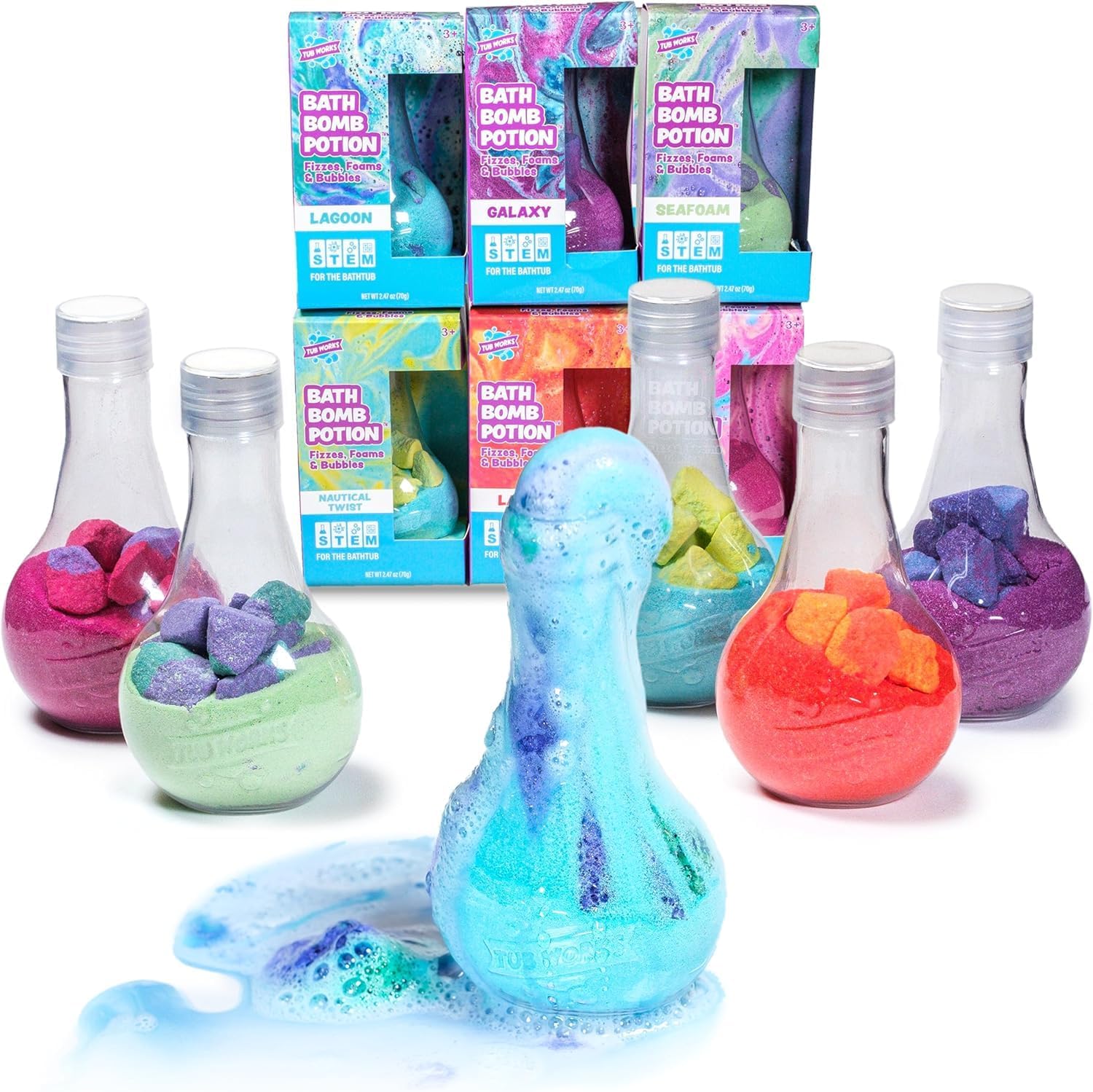 Tub Works® Kids Bath Bomb Potion Bath Toy, zestaw 6 sztuk | Nietoksyczne | Musują, pienią się i tworzą bąbelki, wybuchając feerią kolorów | Interaktywne kule do kąpieli