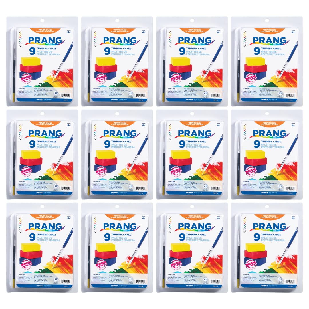 PRANG Gallery Classic Tempera Paint Cakes Lot de 12 pots de 9 couleurs avec poêle divisée et pinceau