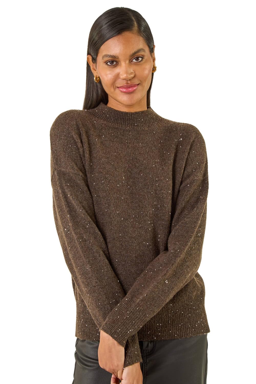 Roman Women's Chocolate Sequin Crew Neck Knit Jumper In | : Size 18