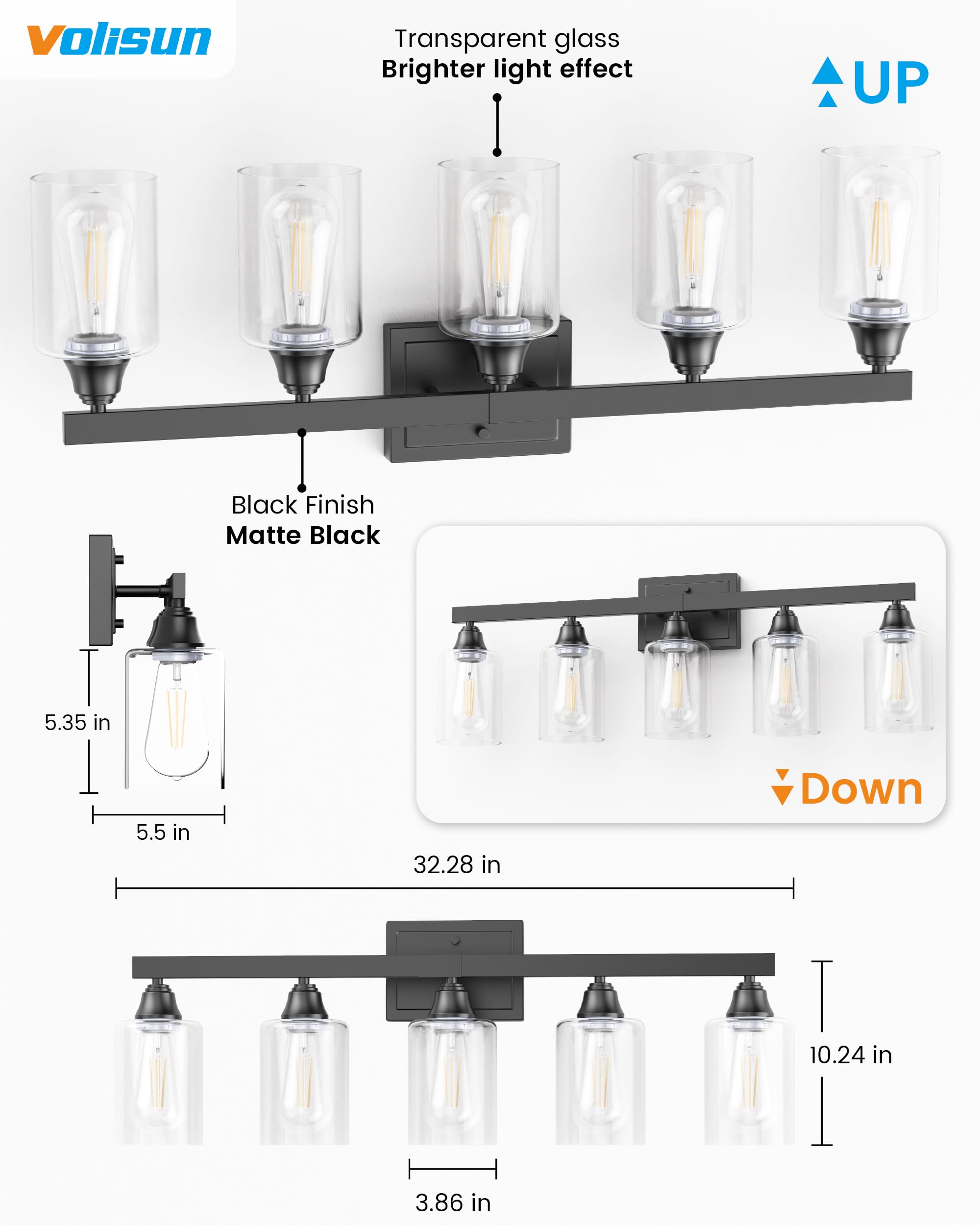 VOLISUN 48 Inch Black Bathroom Vanity Light - 30W Dimmable LED With 5 Color Temperatures, ETL Certified