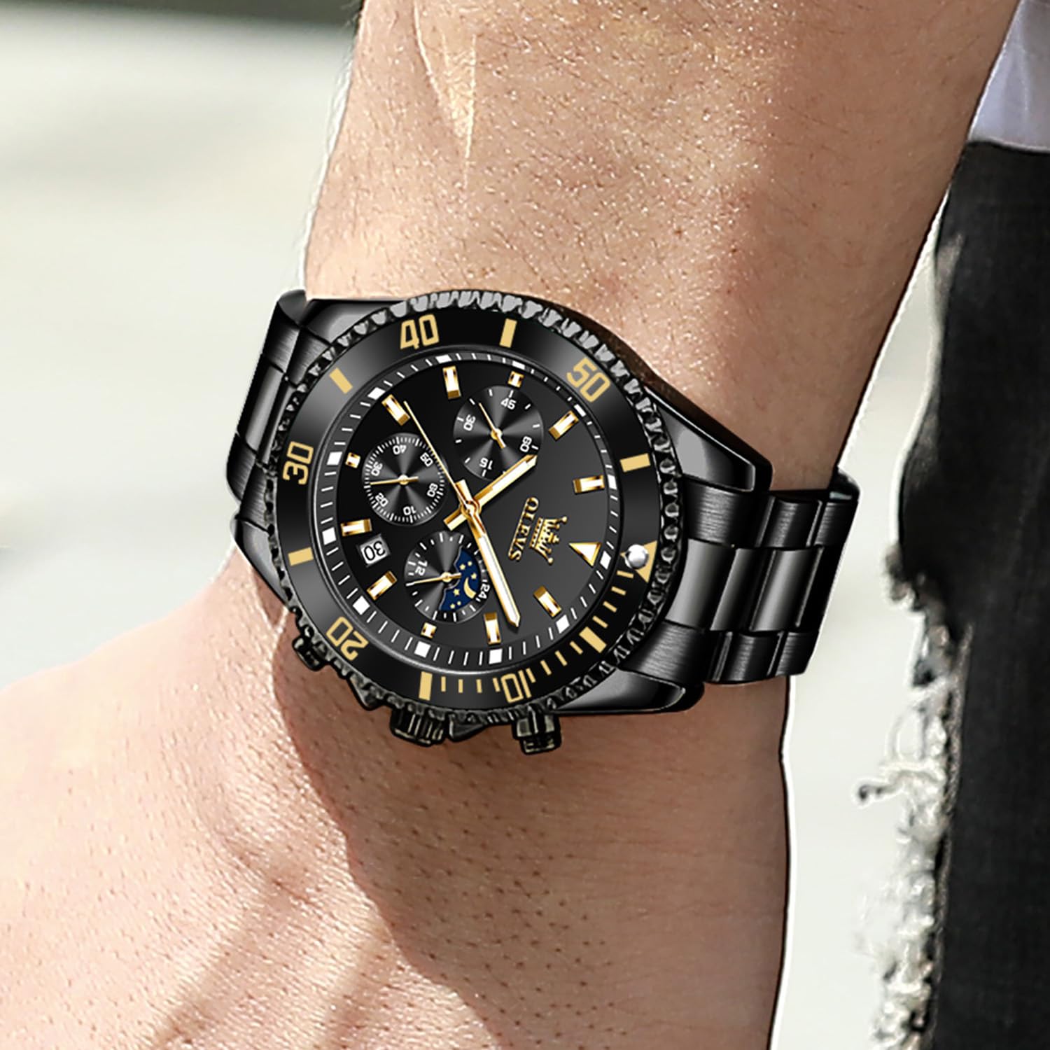 OLEVS reloj de Esfera Verde para Hombres Moda Cronómetro Impermeable Cuarzo, Acero Inoxidable Oro y Plata, Pulsera Multifuncional
