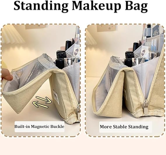 Standing Makeup Bag Portable, Large Capacity,Waterproof Multipurpose Stand Up Toiletry Bags With Compartments, Stationery Organizer With Compartments, Beige